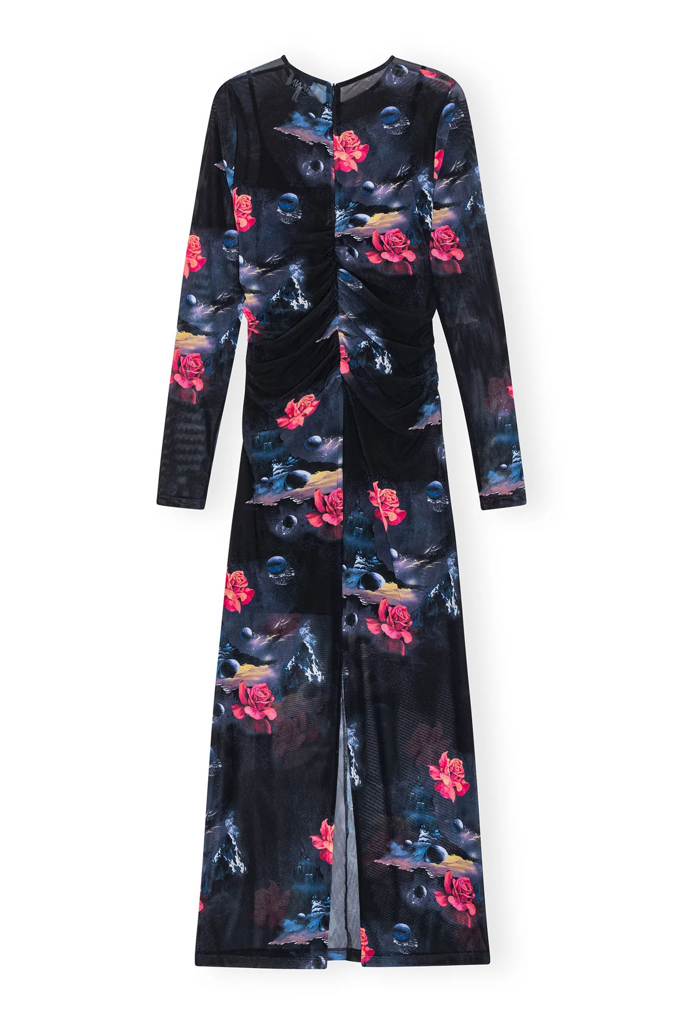 Printed Mesh O-neck Ruched Long Dress | Black - Image 2