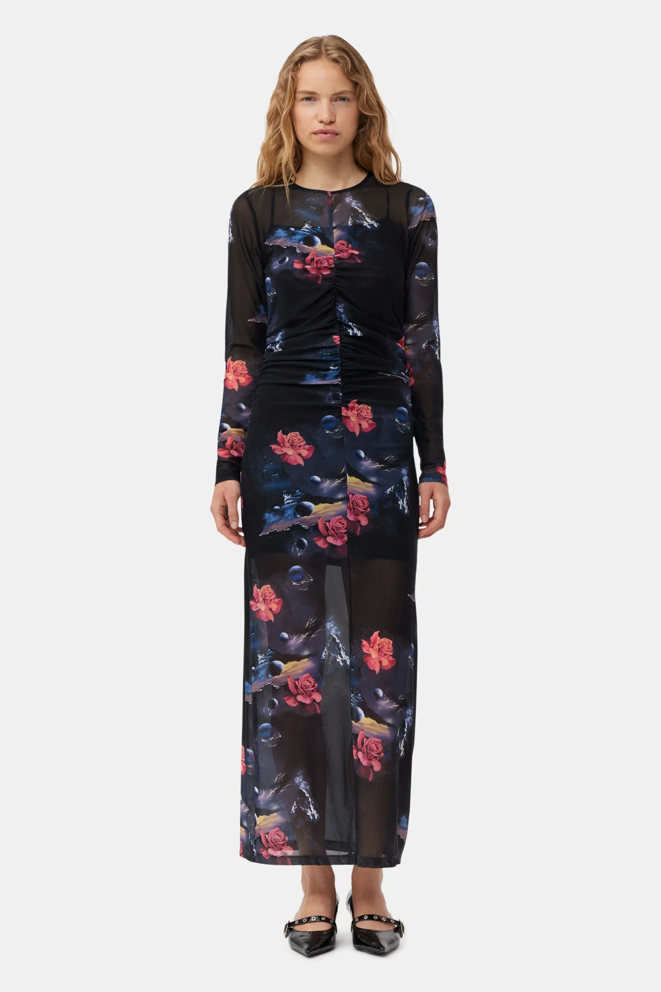 Printed Mesh O-neck Ruched Long Dress | Black - Image 3