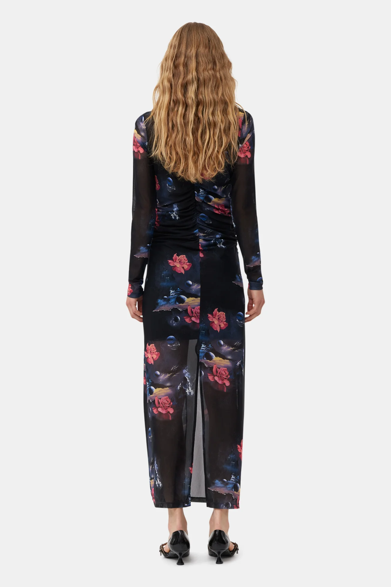 Printed Mesh O-neck Ruched Long Dress | Black - Image 4