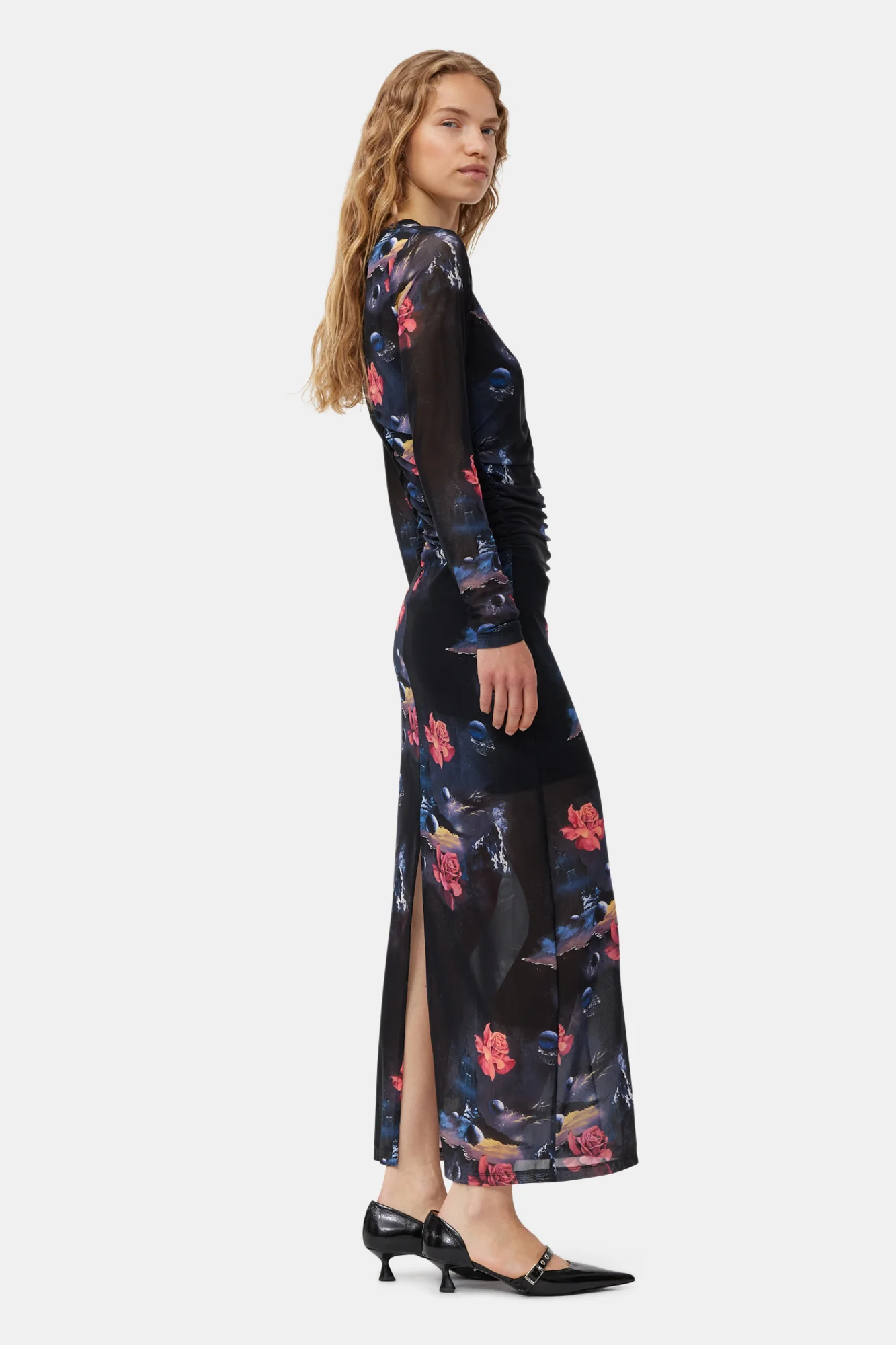 Printed Mesh O-neck Ruched Long Dress | Black - Image 5