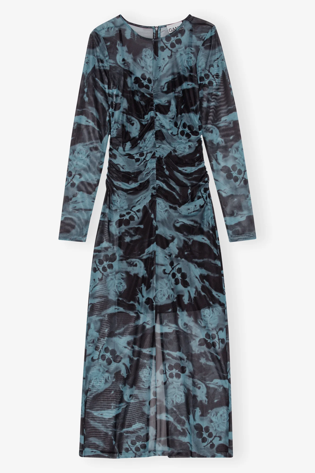 Printed Mesh O-neck Ruched Long Dress | Blue Shadow