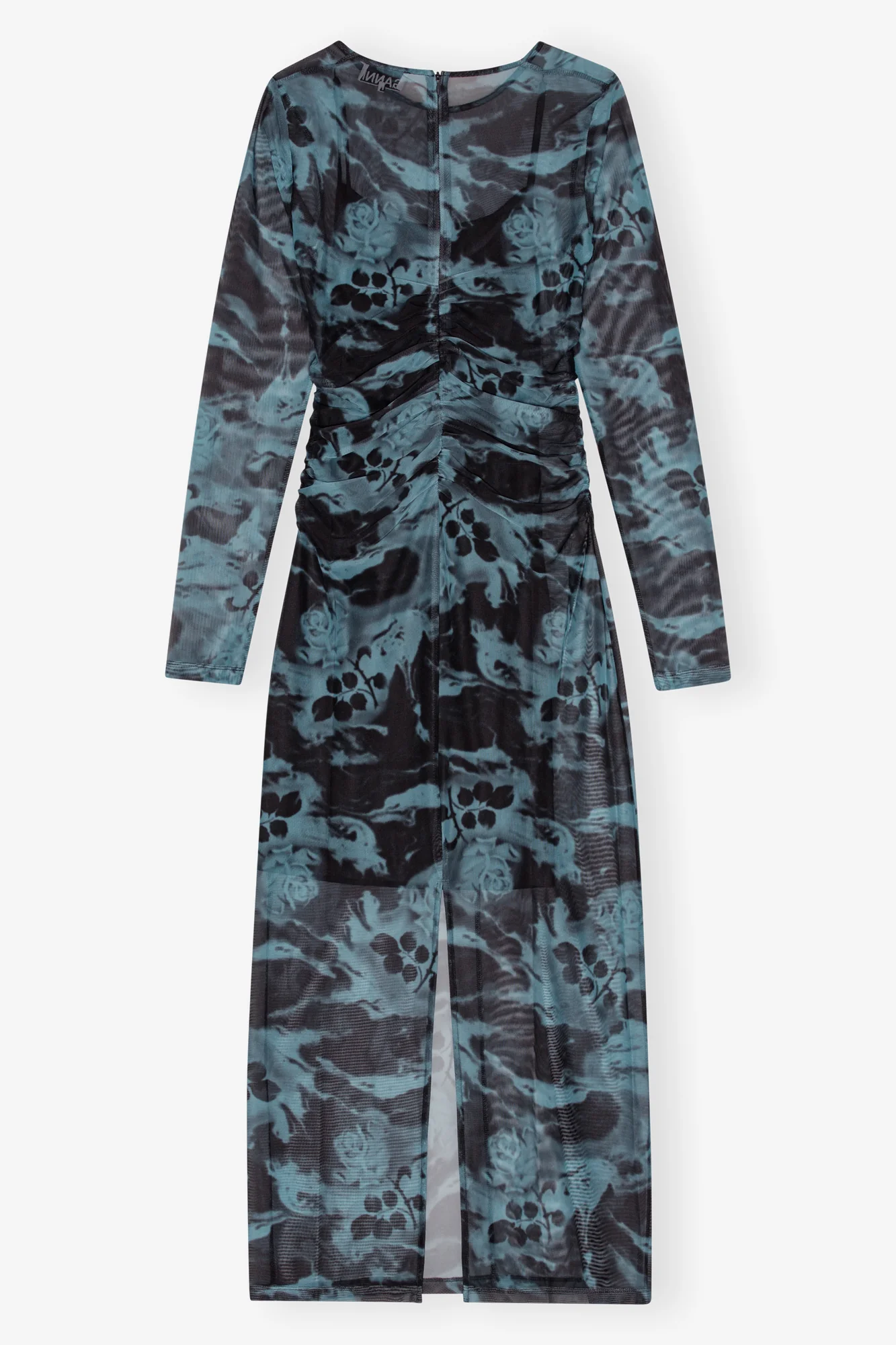 Printed Mesh O-neck Ruched Long Dress | Blue Shadow - Image 2