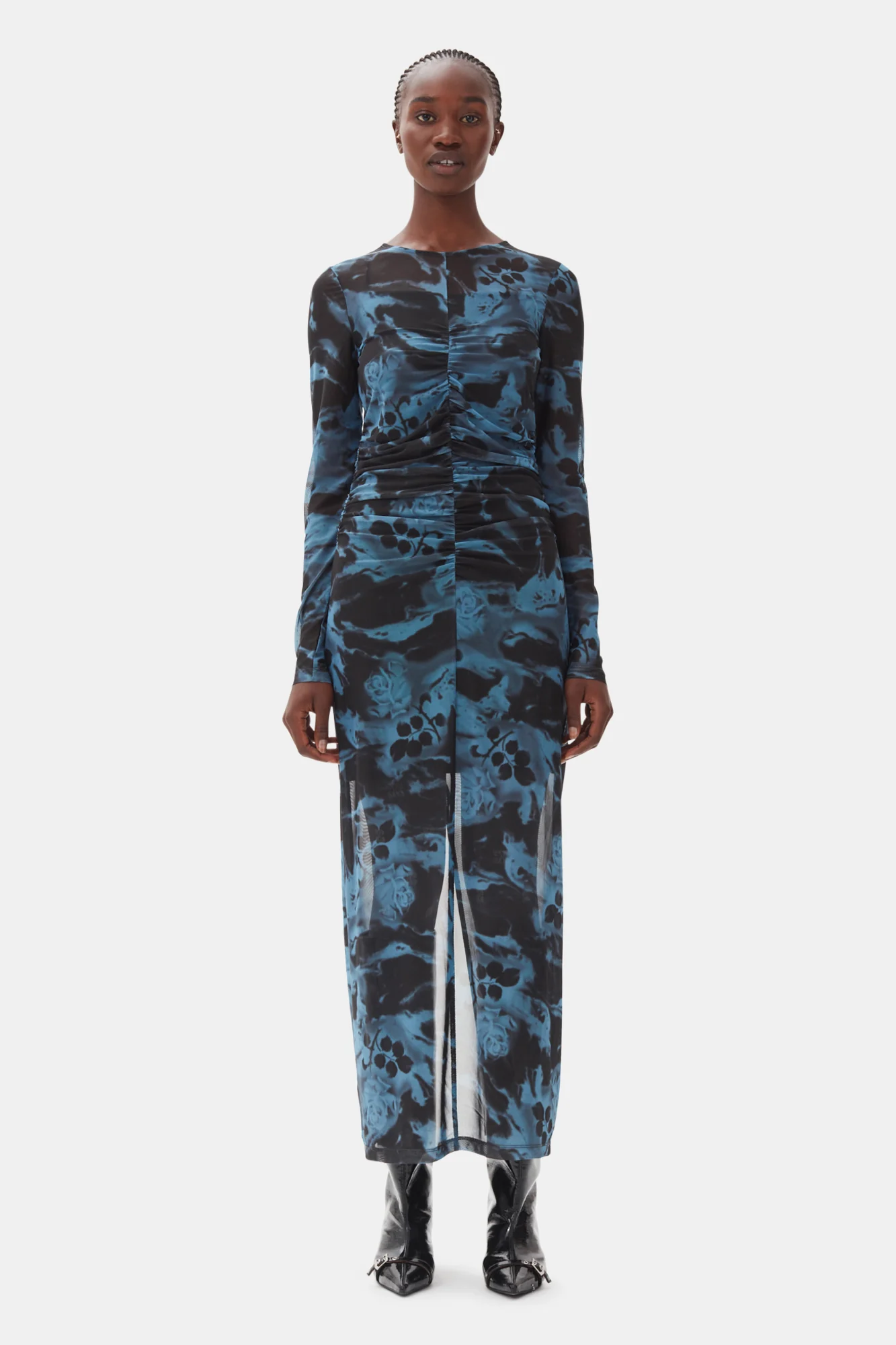 Printed Mesh O-neck Ruched Long Dress | Blue Shadow - Image 3