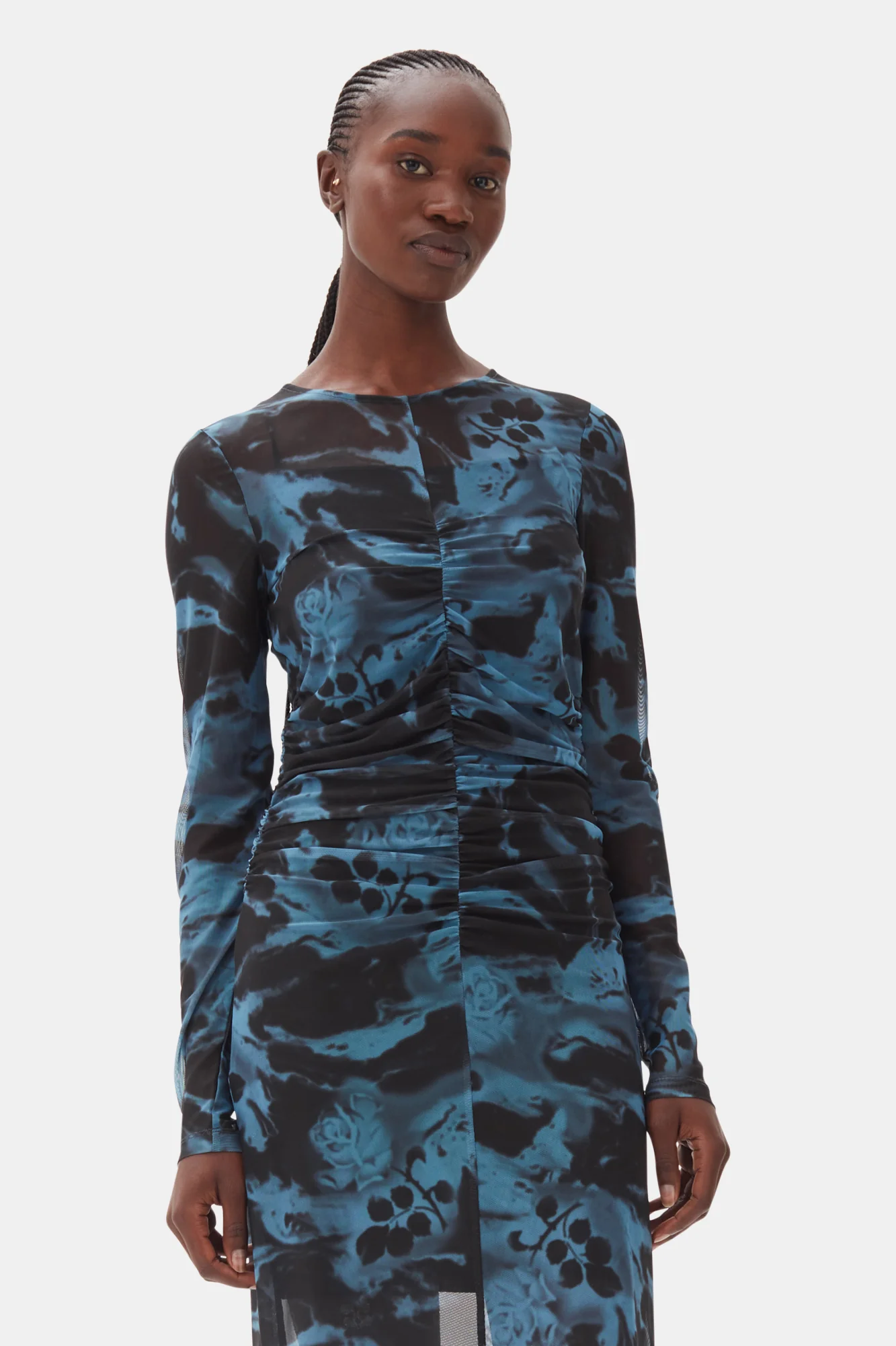 Printed Mesh O-neck Ruched Long Dress | Blue Shadow - Image 4