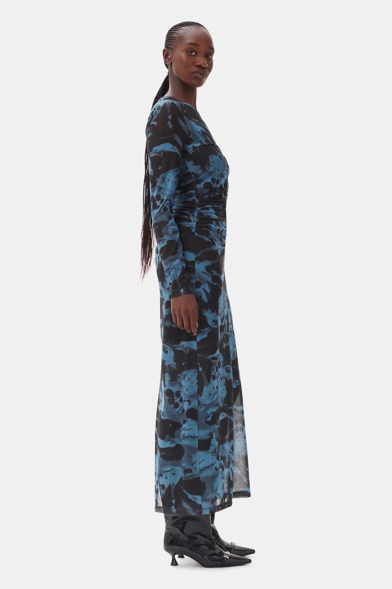 Printed Mesh O-neck Ruched Long Dress | Blue Shadow - Image 5