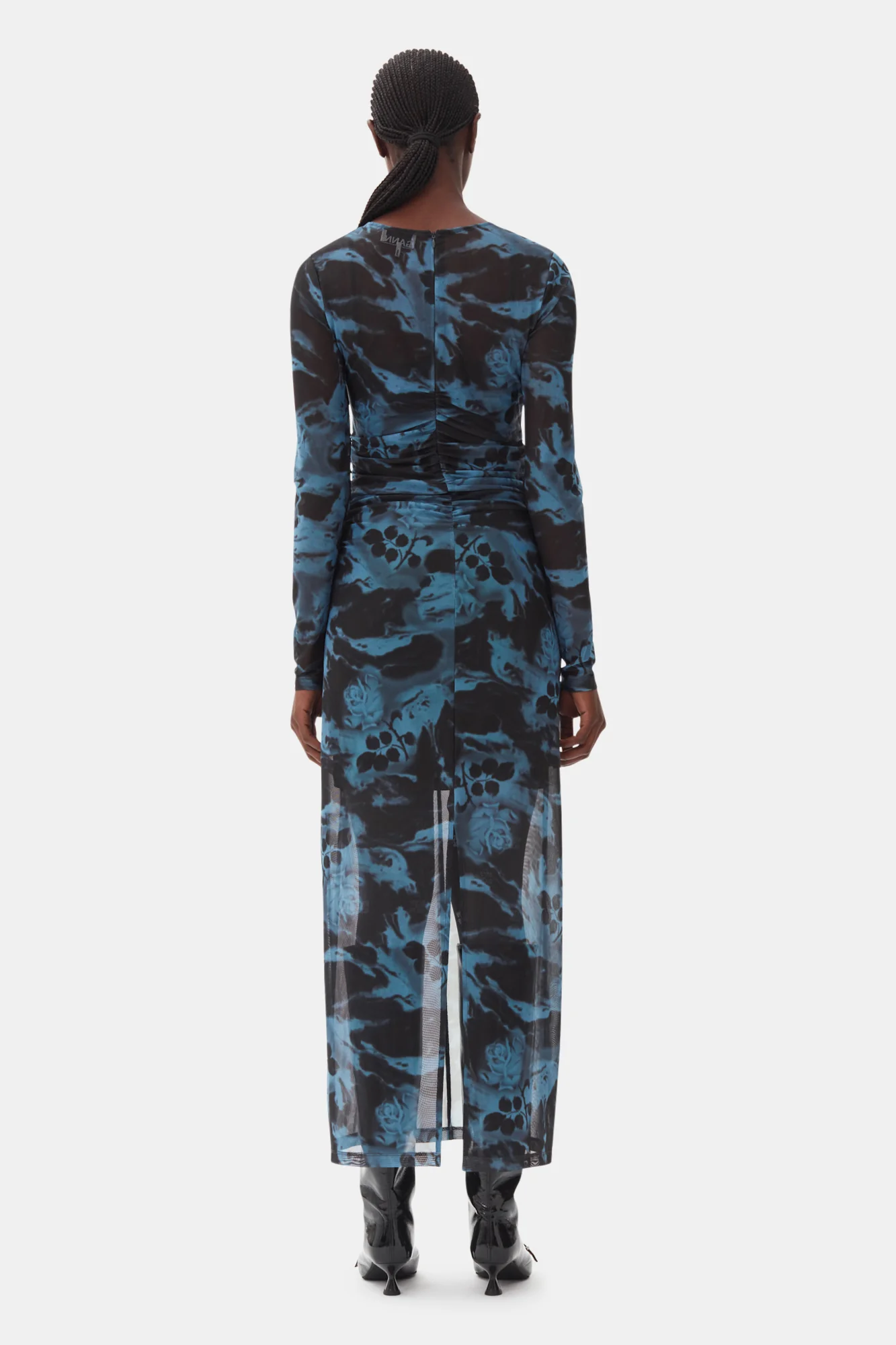 Printed Mesh O-neck Ruched Long Dress | Blue Shadow - Image 6
