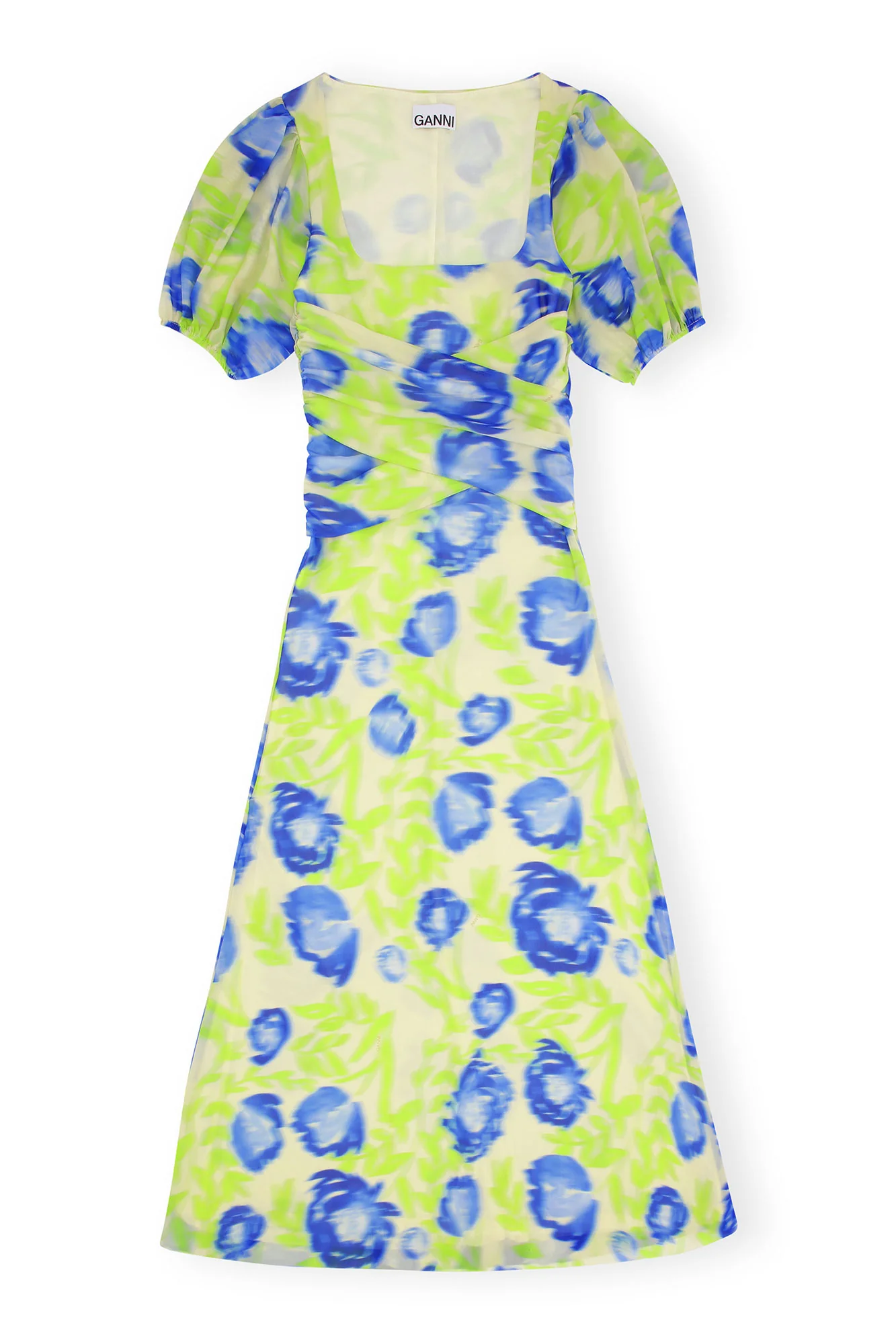Printed Mesh Puff Sleeve Midi Dress | Strong Blue