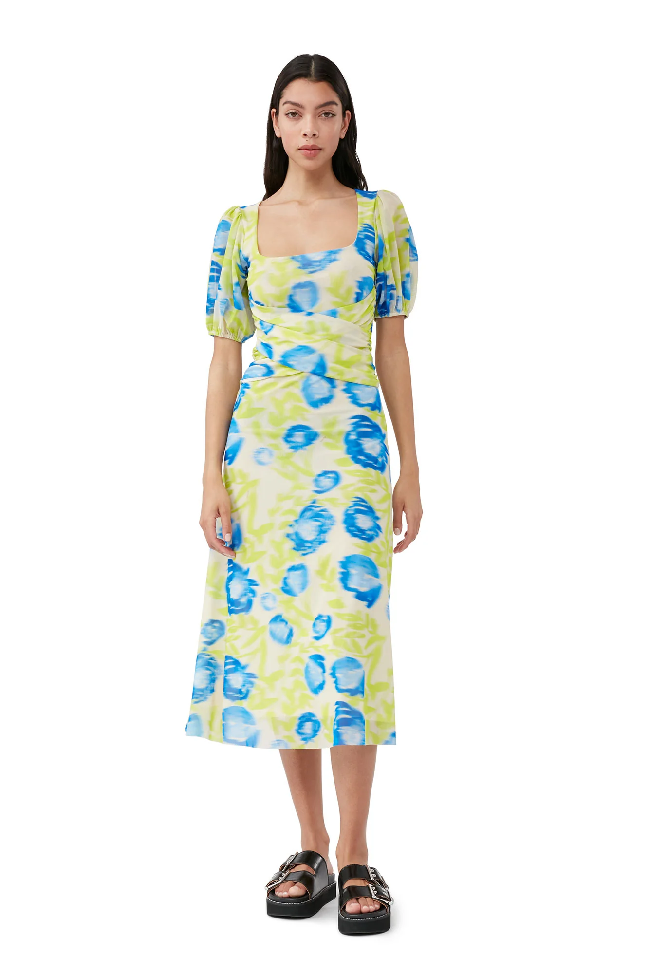 Printed Mesh Puff Sleeve Midi Dress | Strong Blue - Image 3