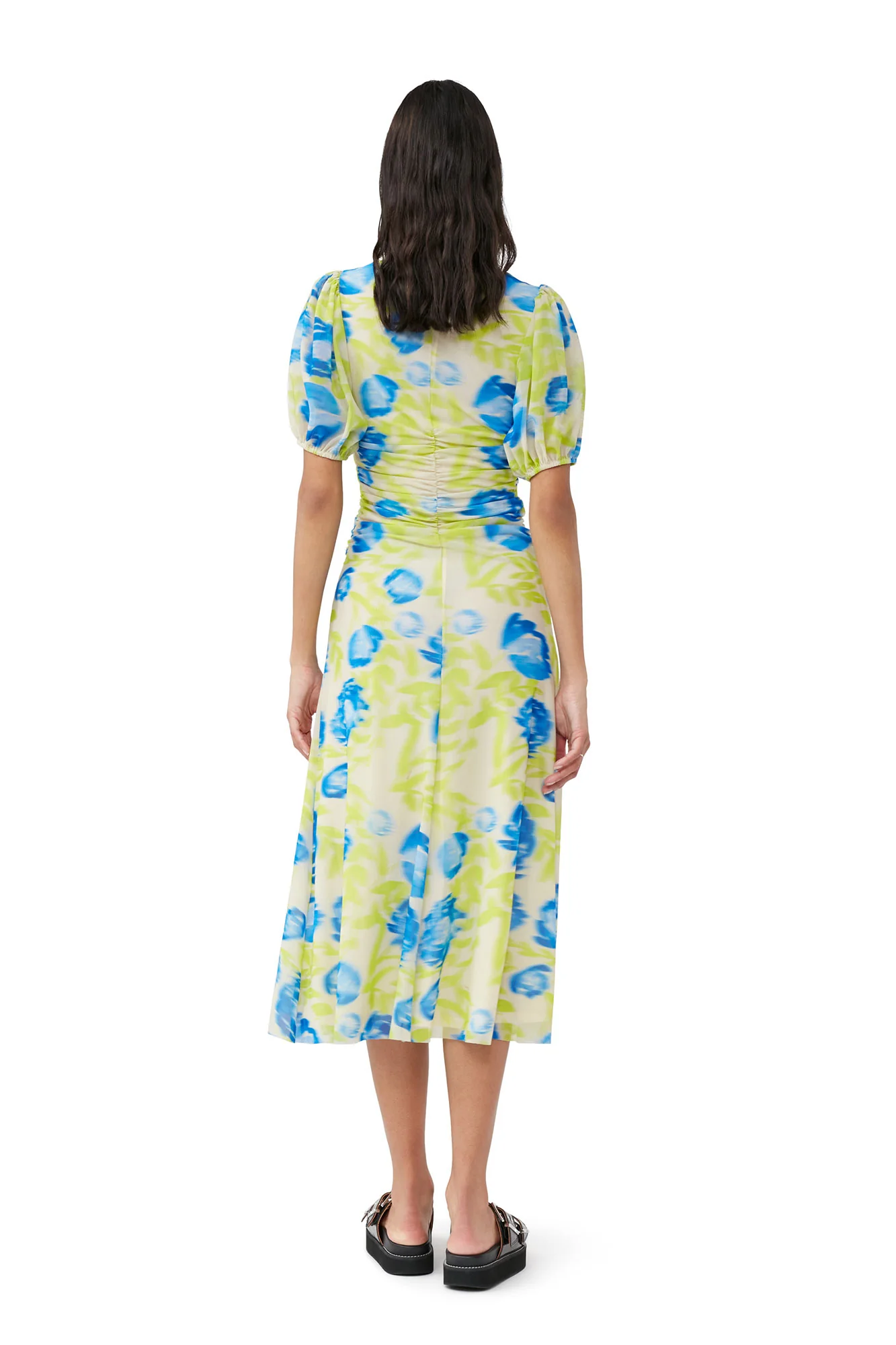 Printed Mesh Puff Sleeve Midi Dress | Strong Blue - Image 4