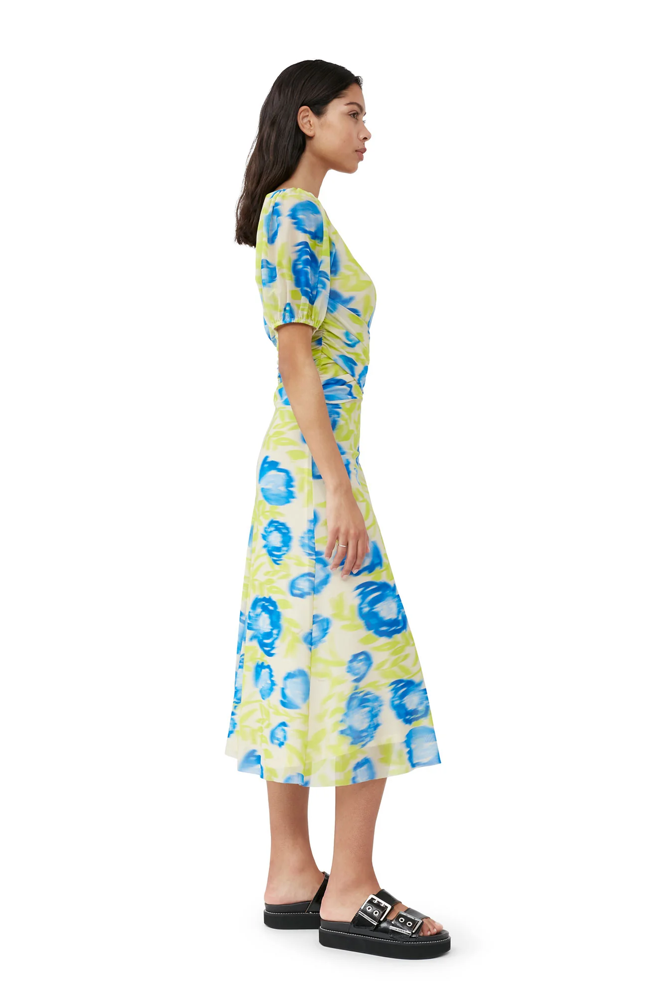 Printed Mesh Puff Sleeve Midi Dress | Strong Blue - Image 5
