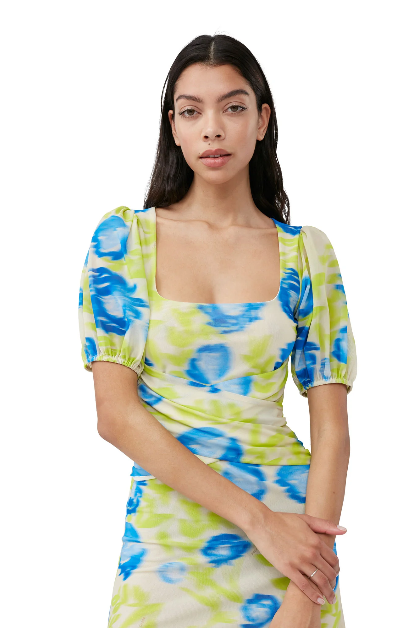 Printed Mesh Puff Sleeve Midi Dress | Strong Blue - Image 6