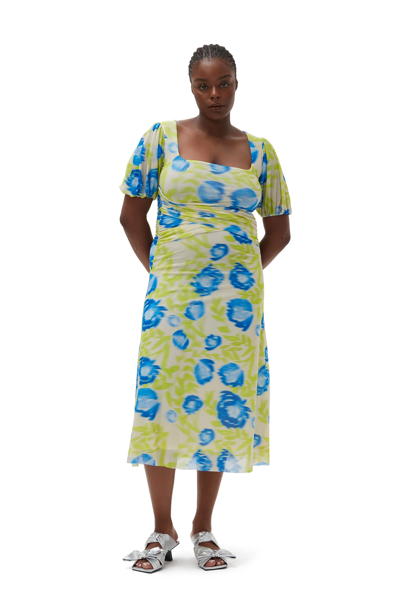 Printed Mesh Puff Sleeve Midi Dress | Strong Blue - Image 7