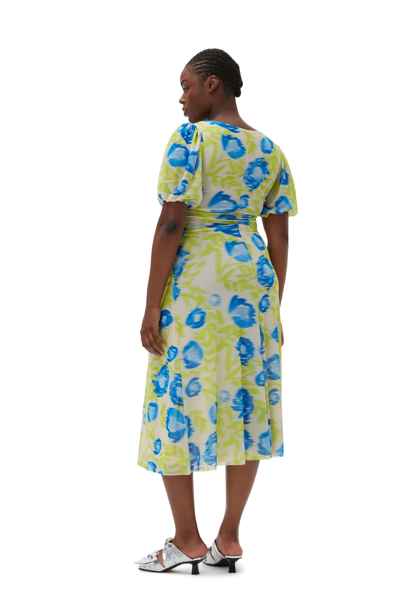 Printed Mesh Puff Sleeve Midi Dress | Strong Blue - Image 8
