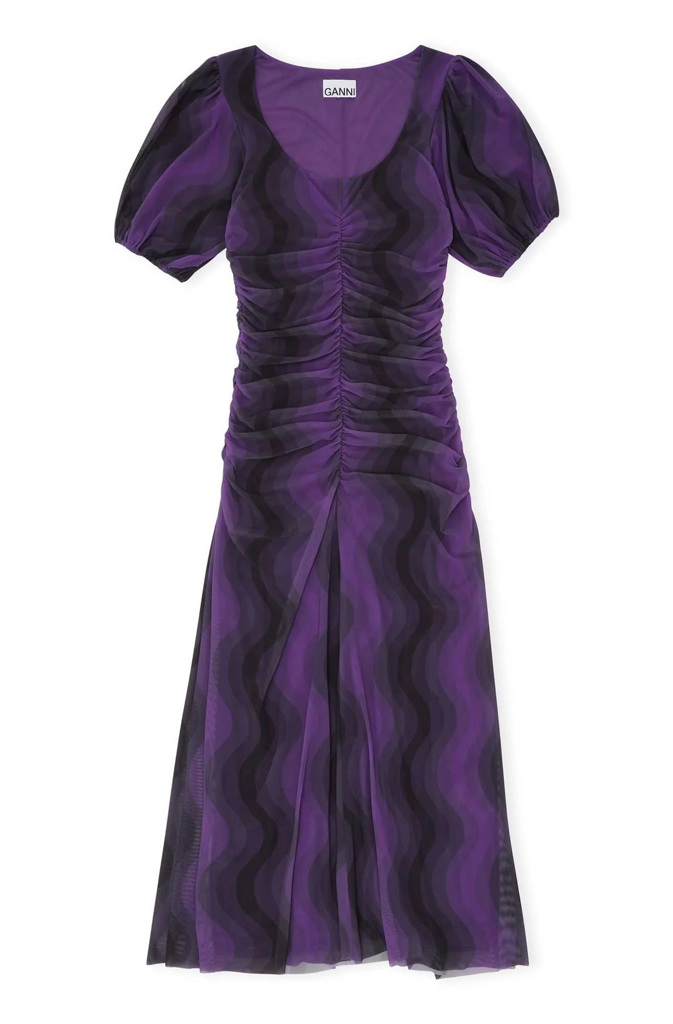 Printed Mesh Puff Sleeve U-Neck Midi Dress | Plum Jam