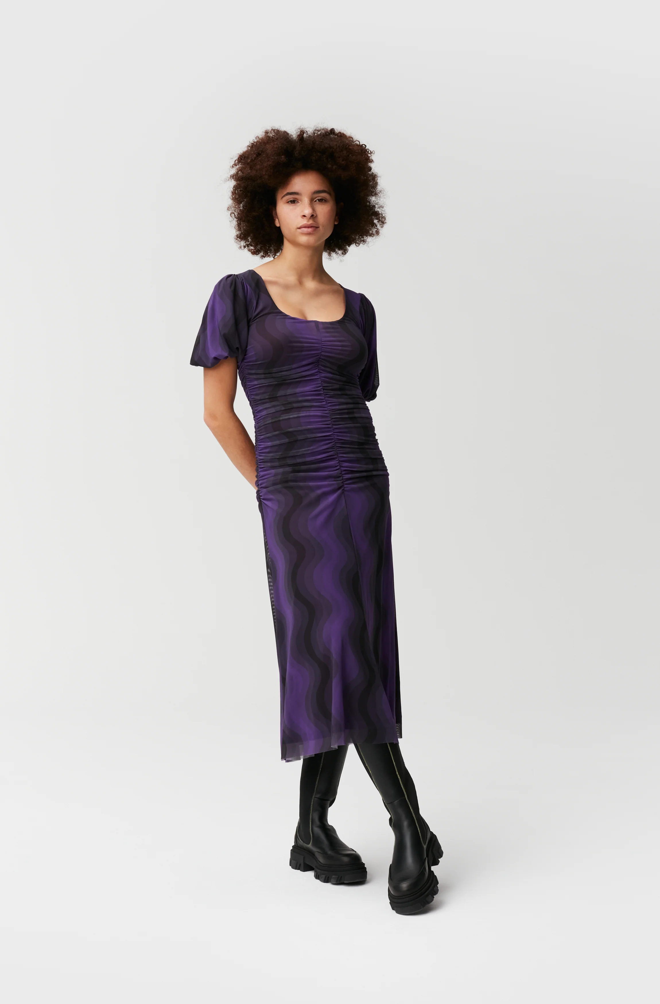 Printed Mesh Puff Sleeve U-Neck Midi Dress | Plum Jam - Image 3