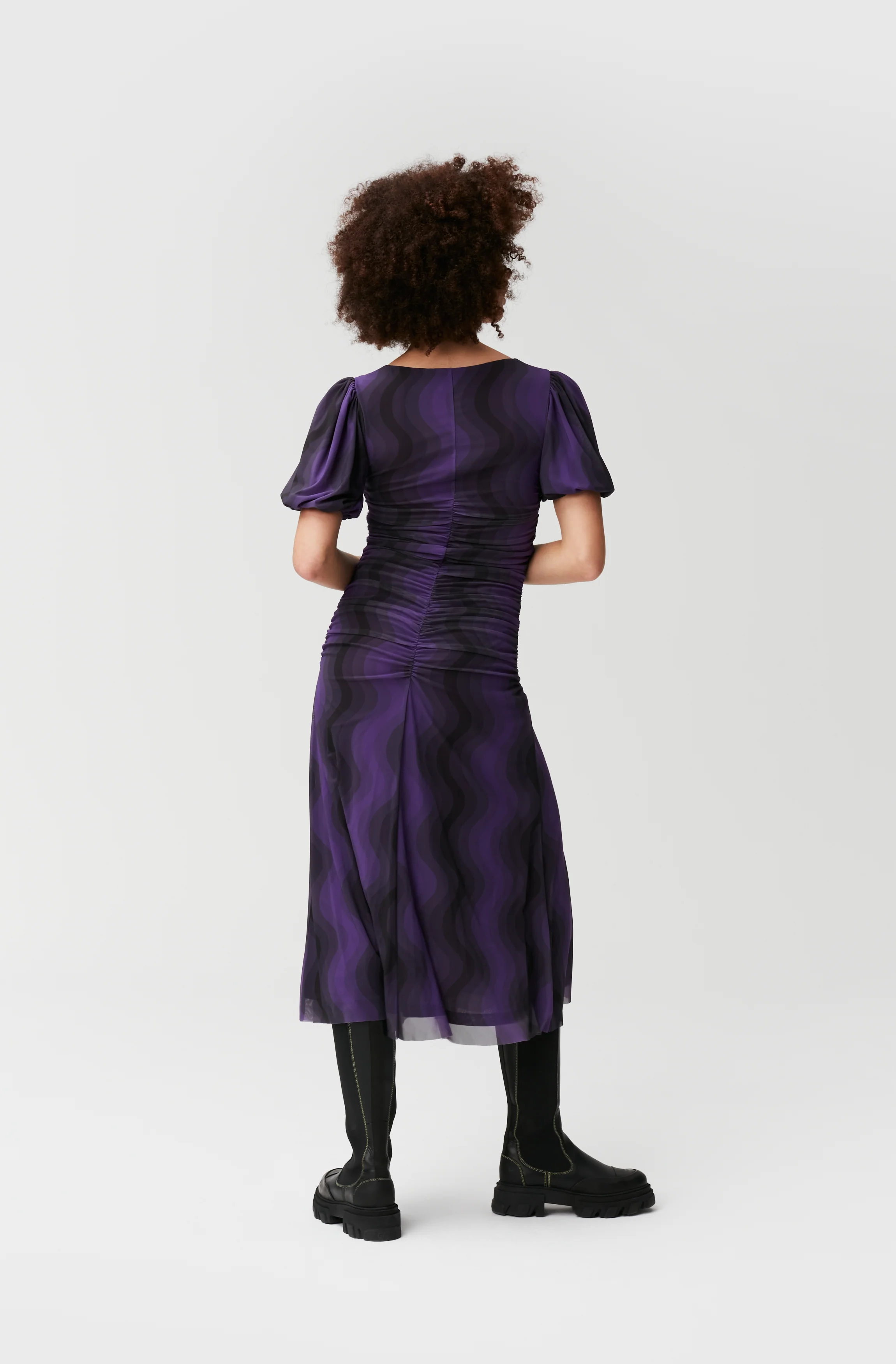 Printed Mesh Puff Sleeve U-Neck Midi Dress | Plum Jam - Image 4