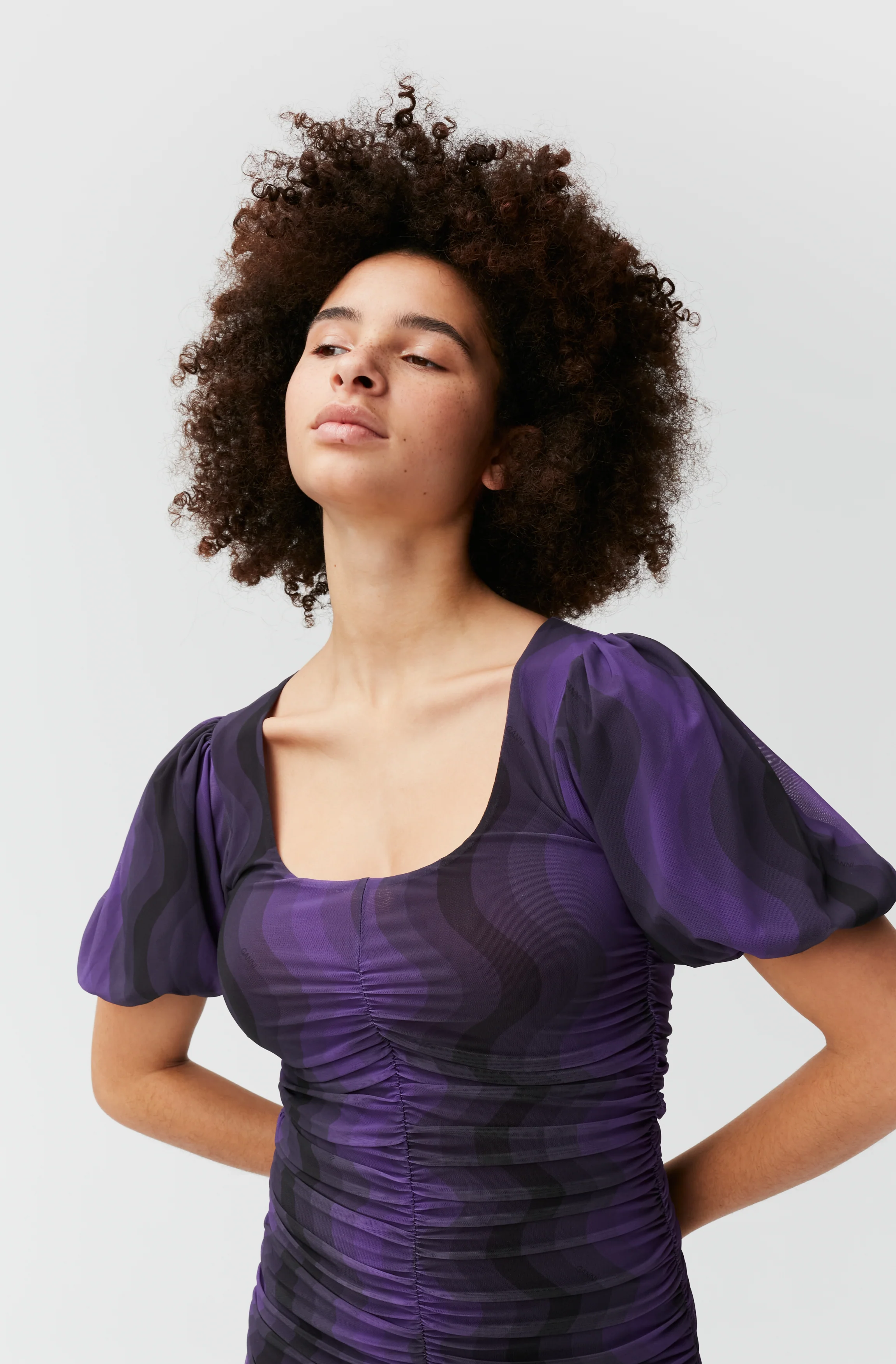 Printed Mesh Puff Sleeve U-Neck Midi Dress | Plum Jam - Image 5