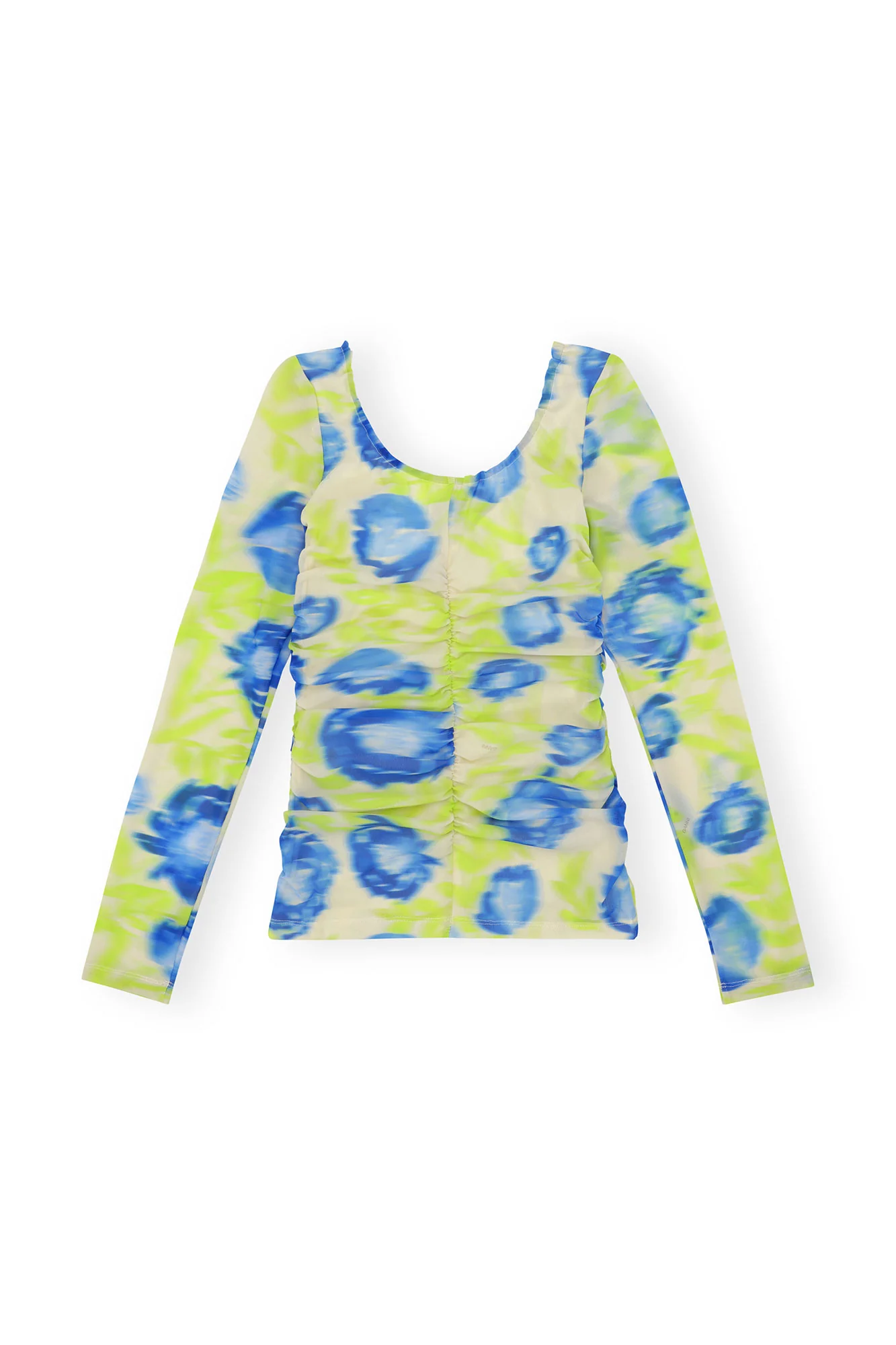 Printed Mesh U-neck Ruched Blouse | Strong Blue - Image 2