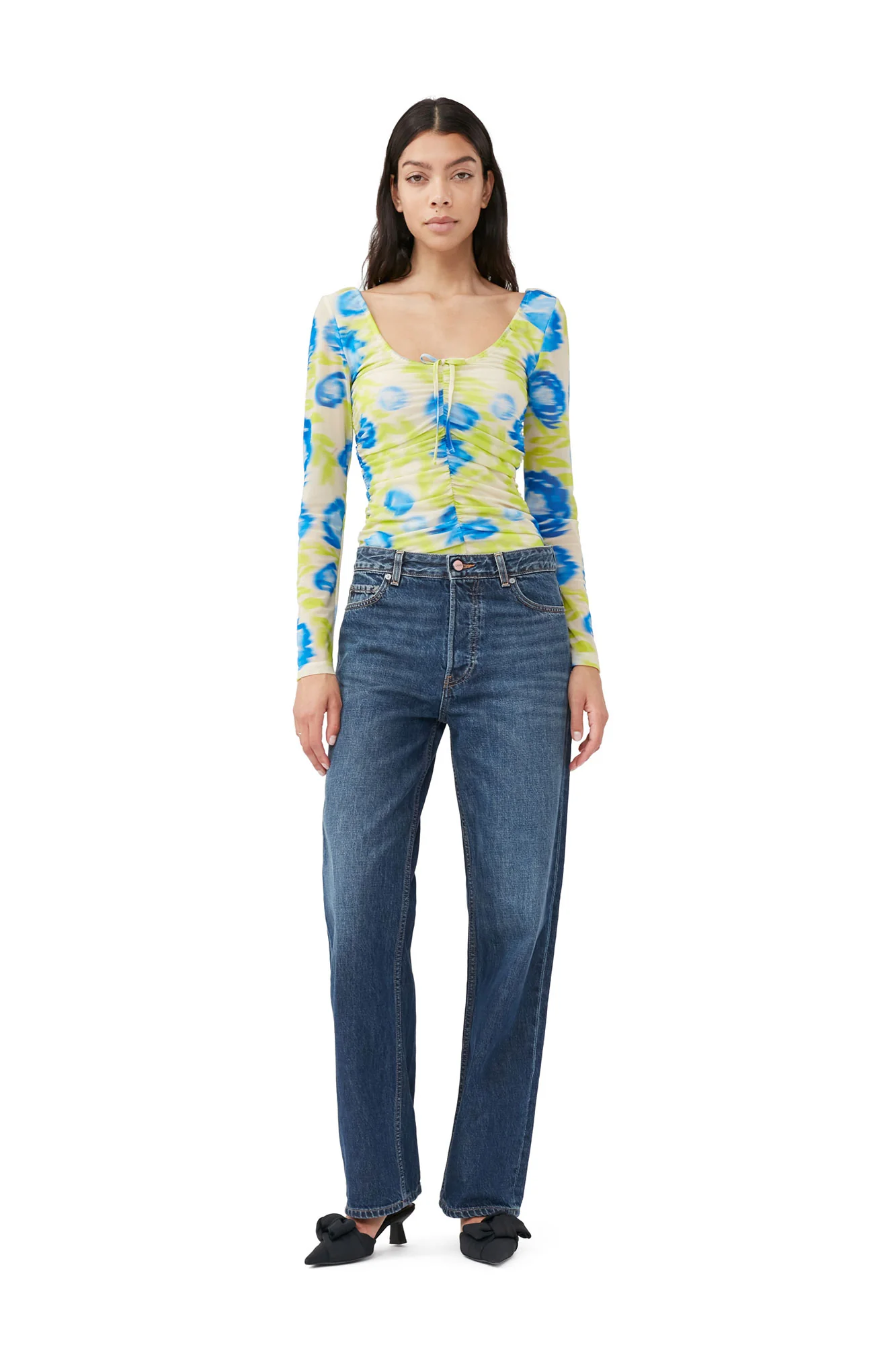 Printed Mesh U-neck Ruched Blouse | Strong Blue - Image 3