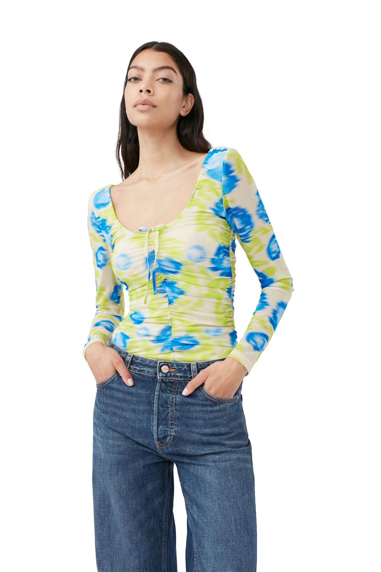 Printed Mesh U-neck Ruched Blouse | Strong Blue - Image 4