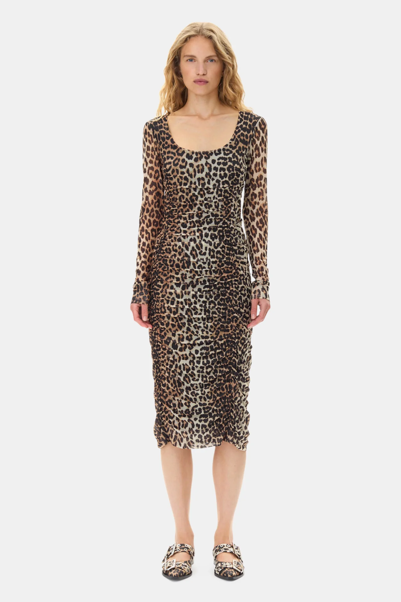 Printed Mesh U-neck Ruched Midi Dress | Leopard - Image 3