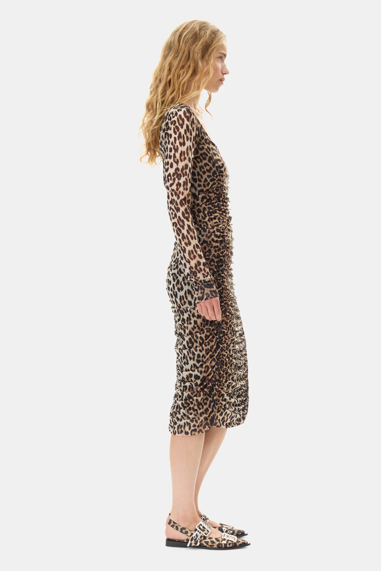 Printed Mesh U-neck Ruched Midi Dress | Leopard - Image 4