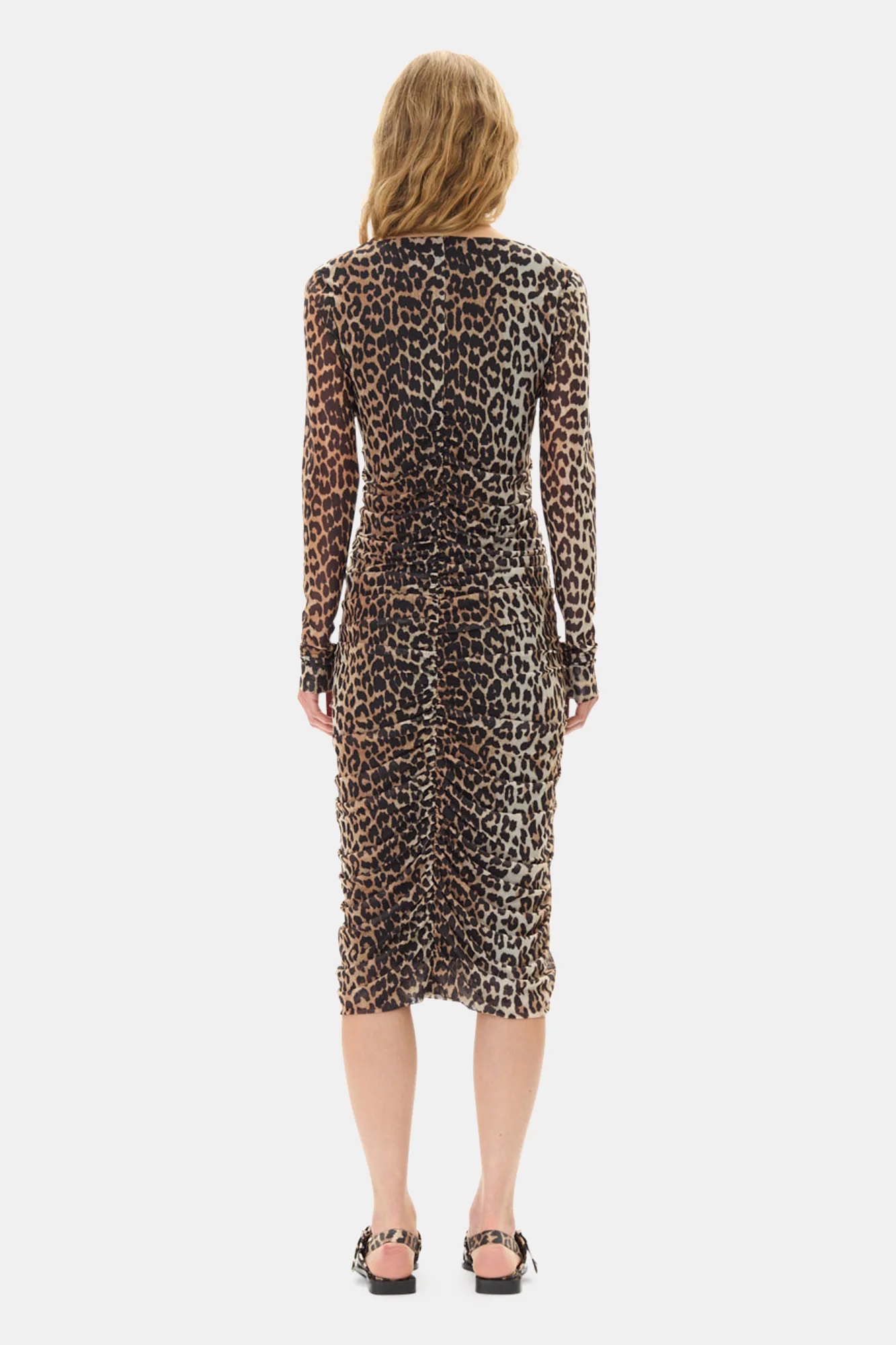 Printed Mesh U-neck Ruched Midi Dress | Leopard - Image 5