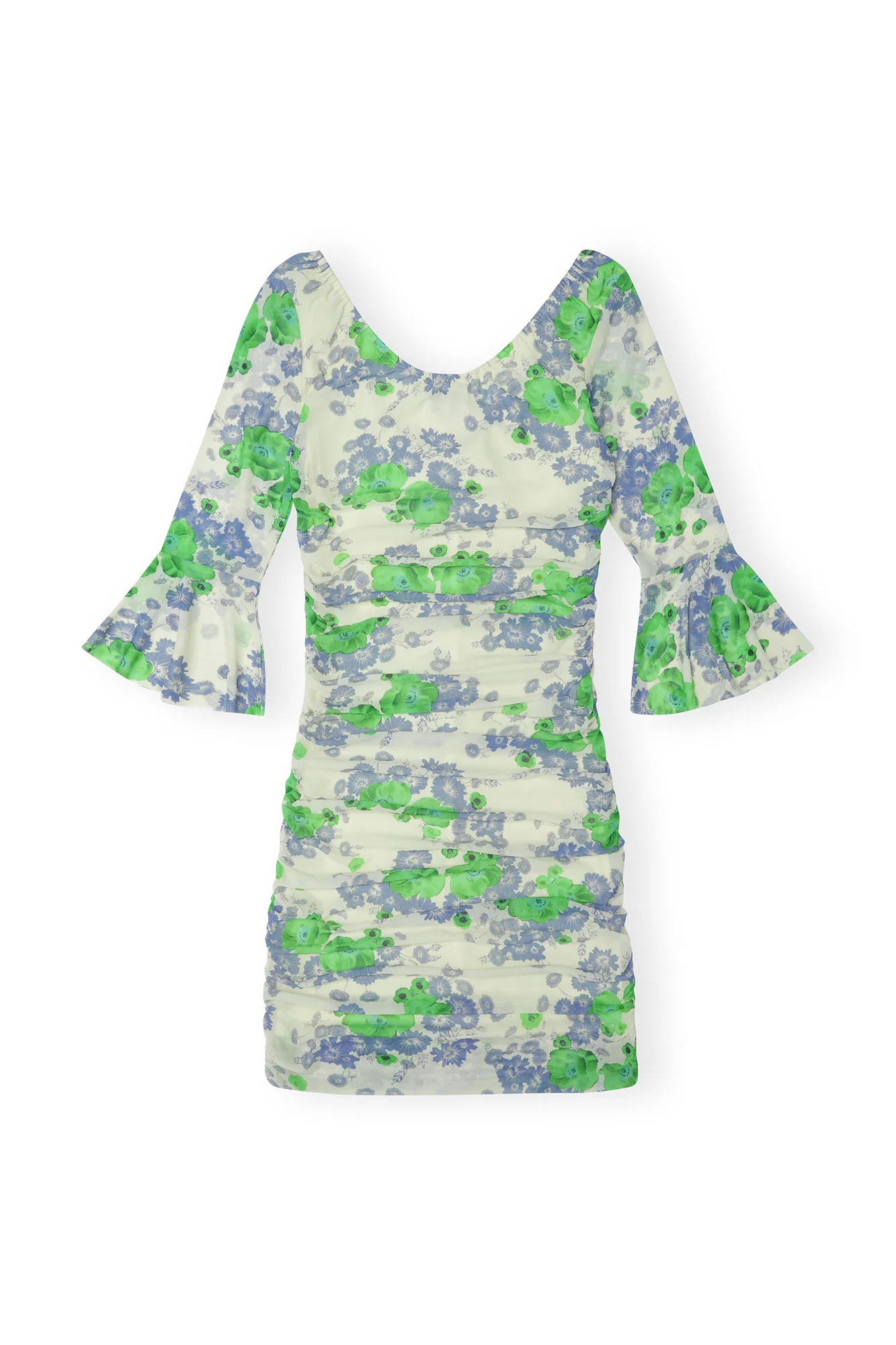 Printed Mesh U-neck Ruched Mini Dress | Egret - Image 2
