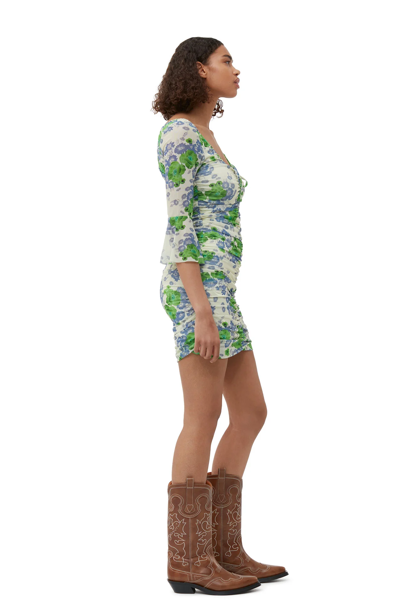 Printed Mesh U-neck Ruched Mini Dress | Egret - Image 5