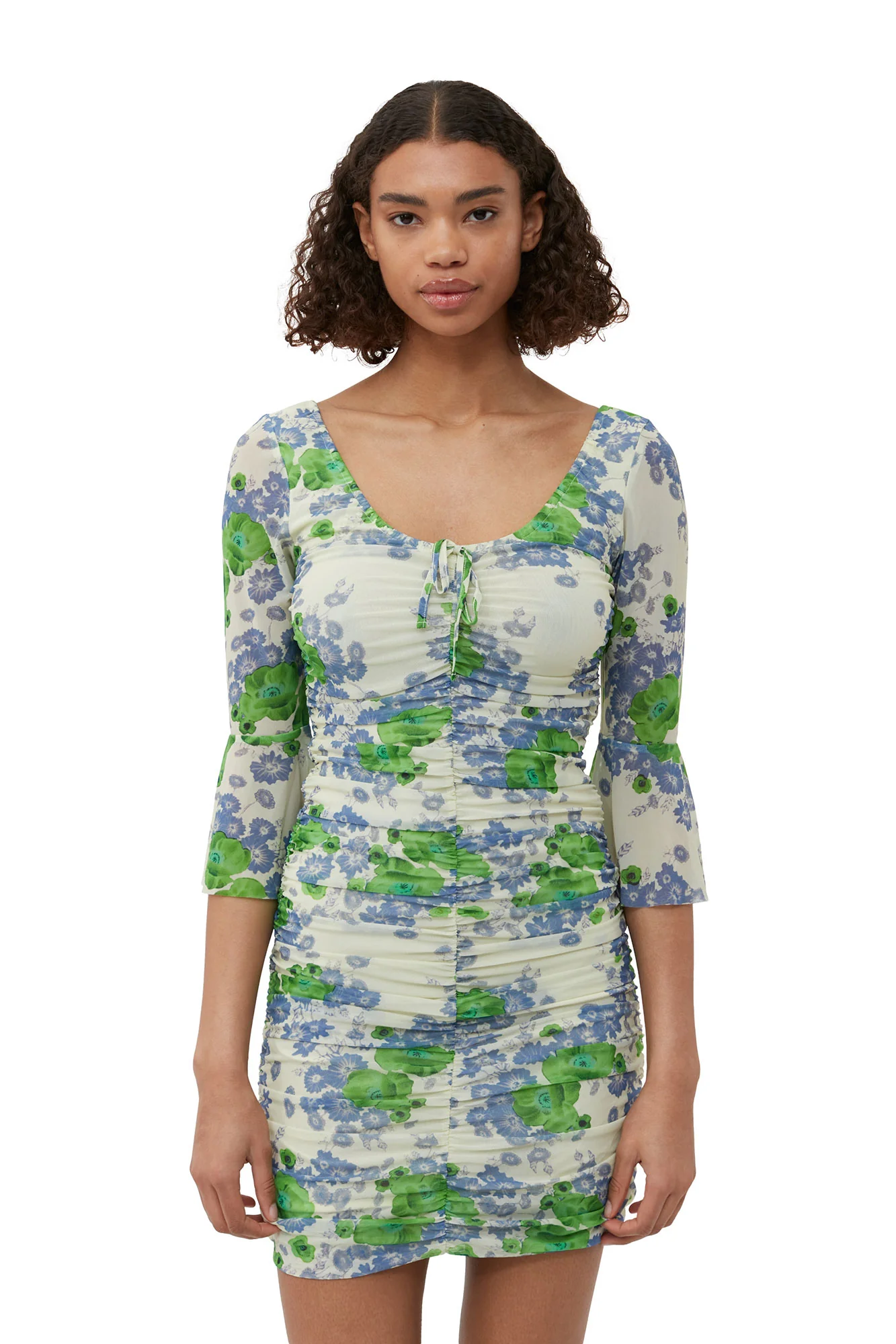 Printed Mesh U-neck Ruched Mini Dress | Egret - Image 6