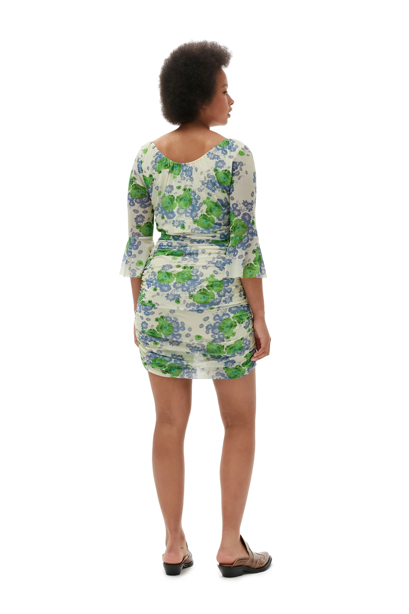 Printed Mesh U-neck Ruched Mini Dress | Egret - Image 8