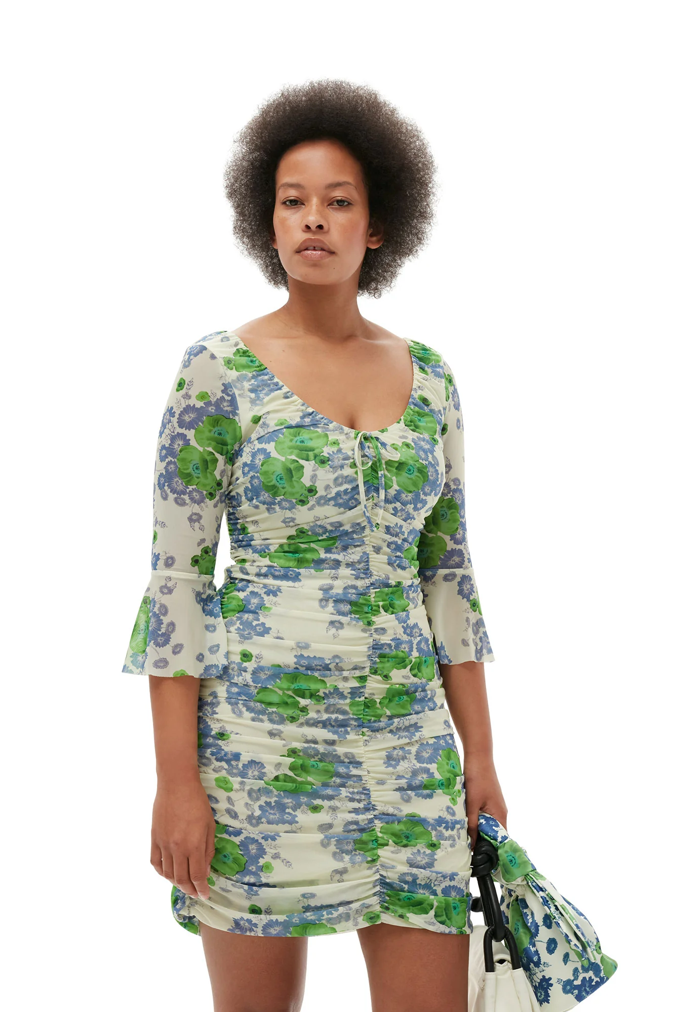 Printed Mesh U-neck Ruched Mini Dress | Egret - Image 9