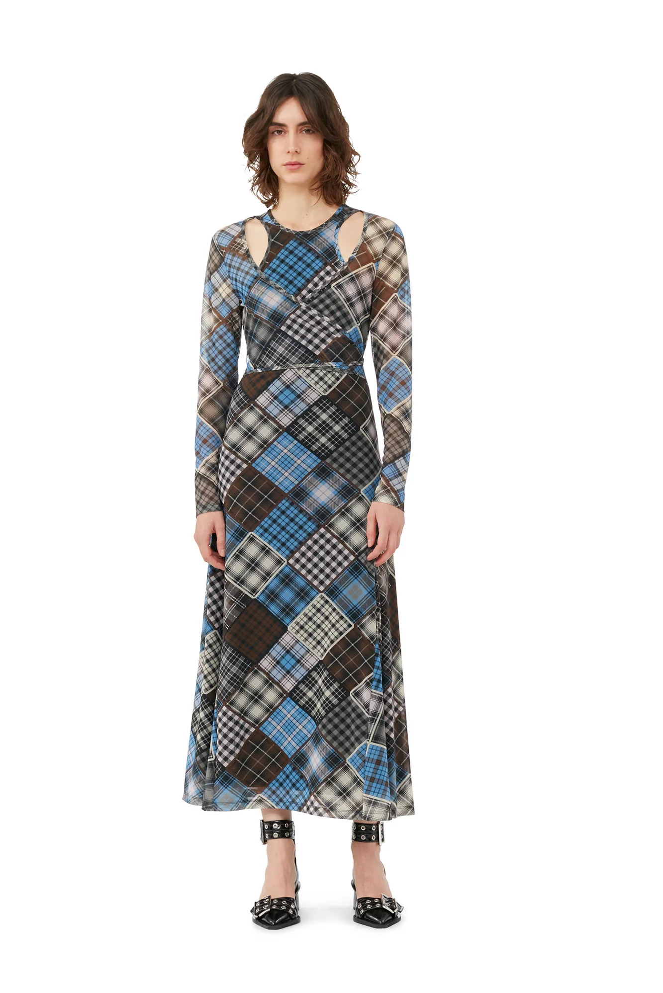 Printed Mesh Wrap Maxi Dress | Silver Lake Blue - Image 3