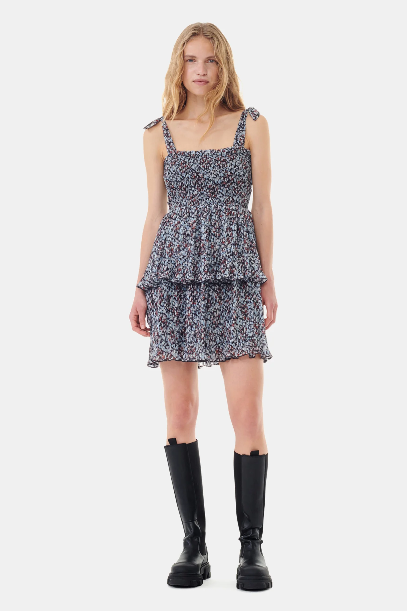 Printed Pleated Georgette Mini Dress | Phantom - Image 3