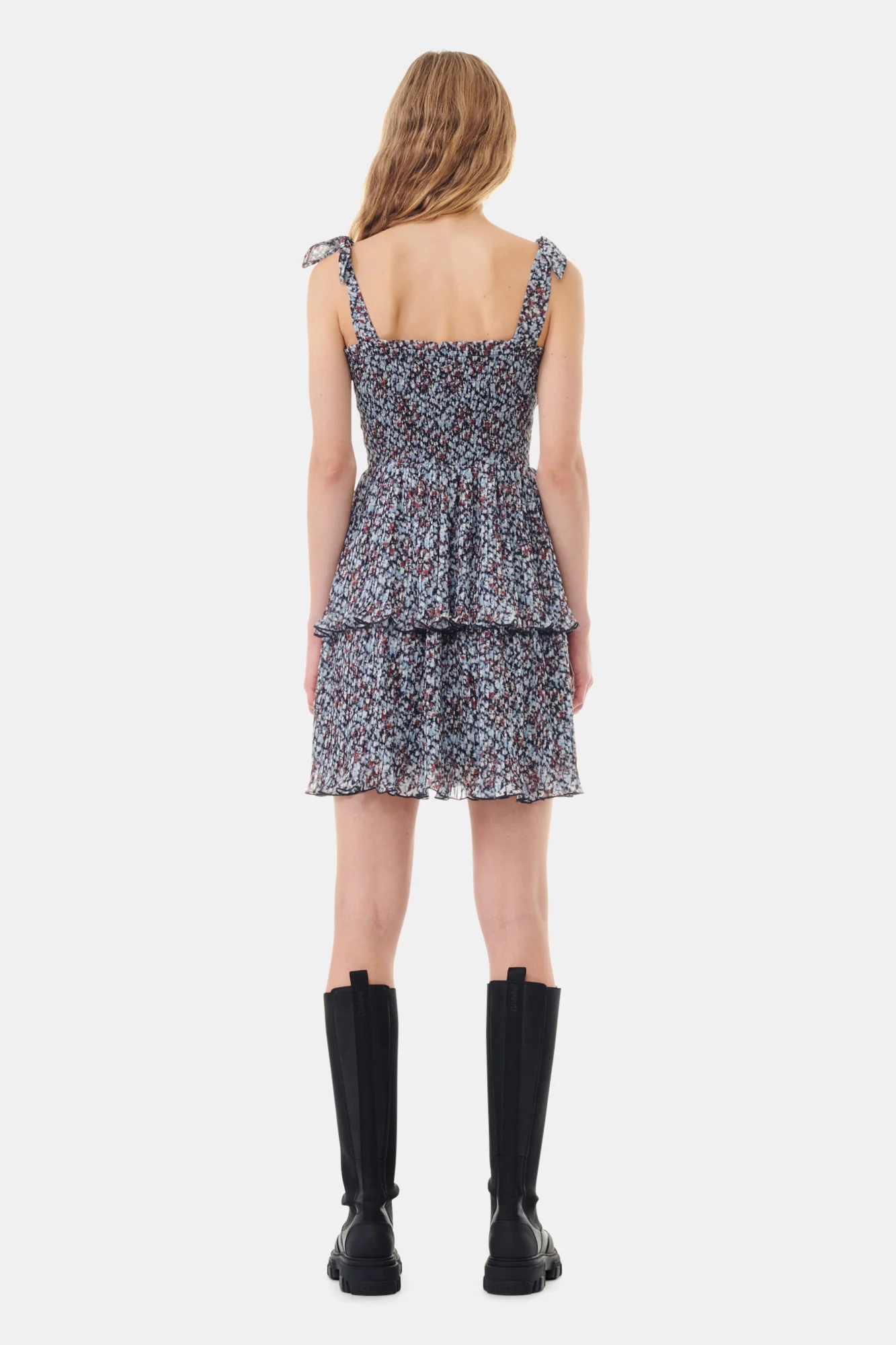 Printed Pleated Georgette Mini Dress | Phantom - Image 6