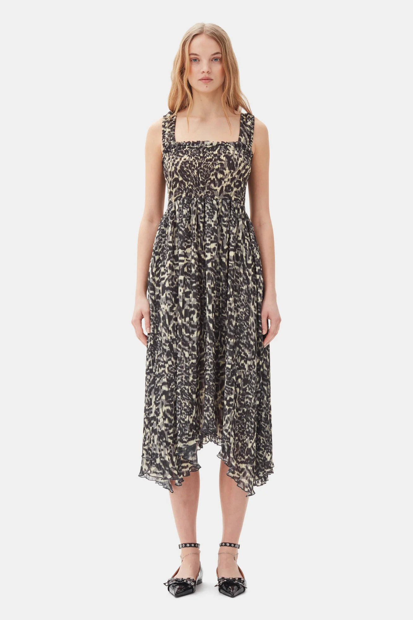 Printed Pleated Georgette Smock Midi Dress | Lemon Icing - Image 3
