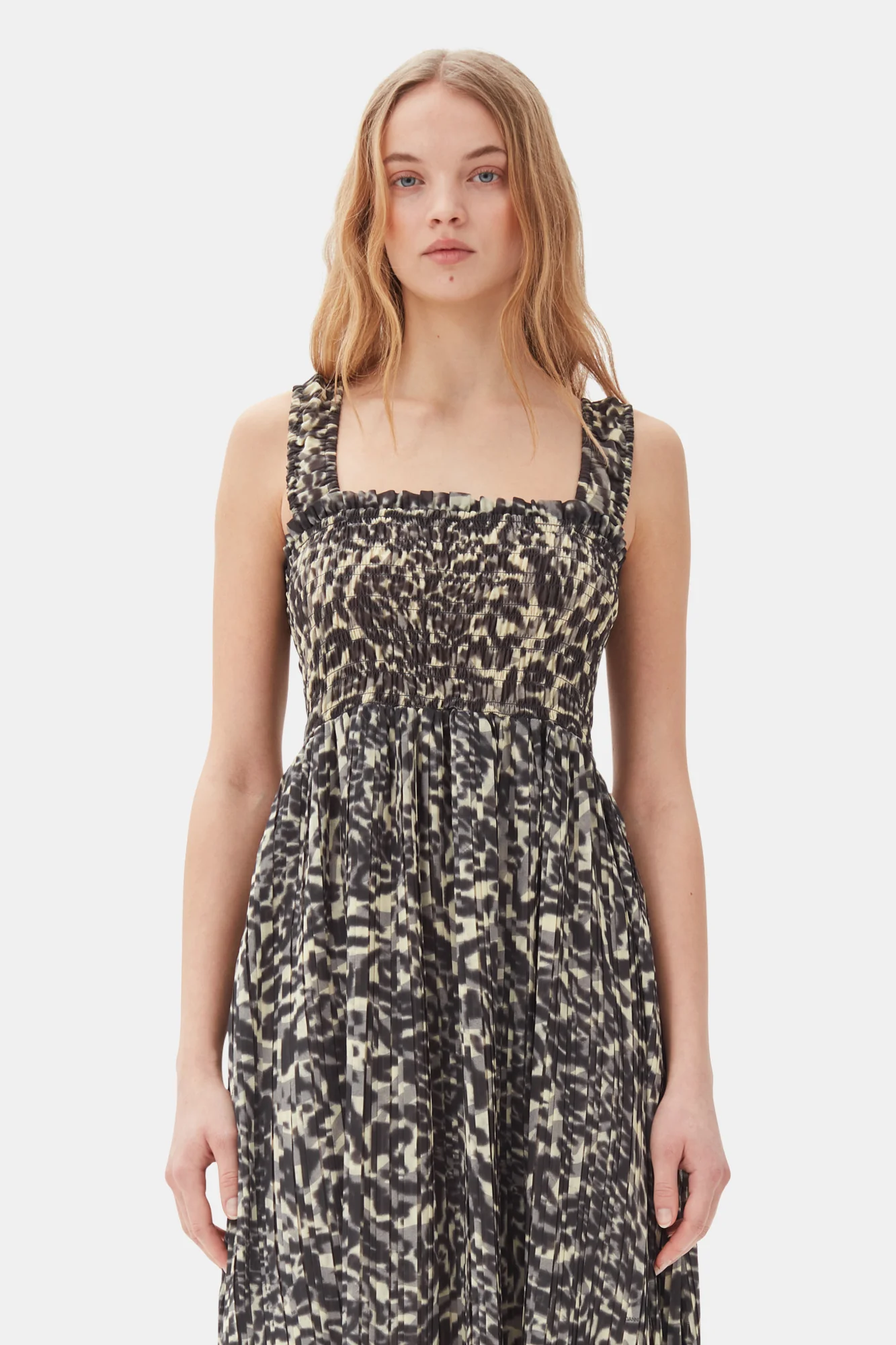 Printed Pleated Georgette Smock Midi Dress | Lemon Icing - Image 4