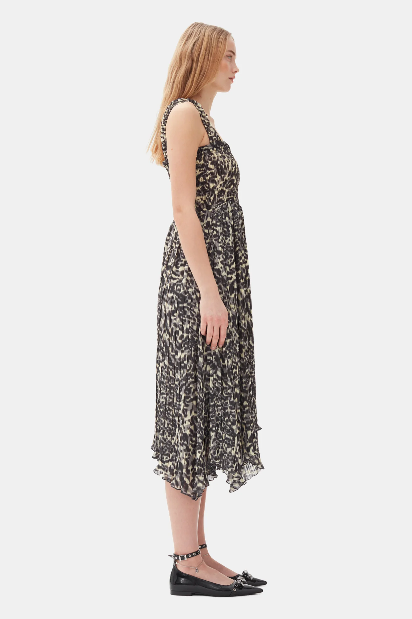 Printed Pleated Georgette Smock Midi Dress | Lemon Icing - Image 5