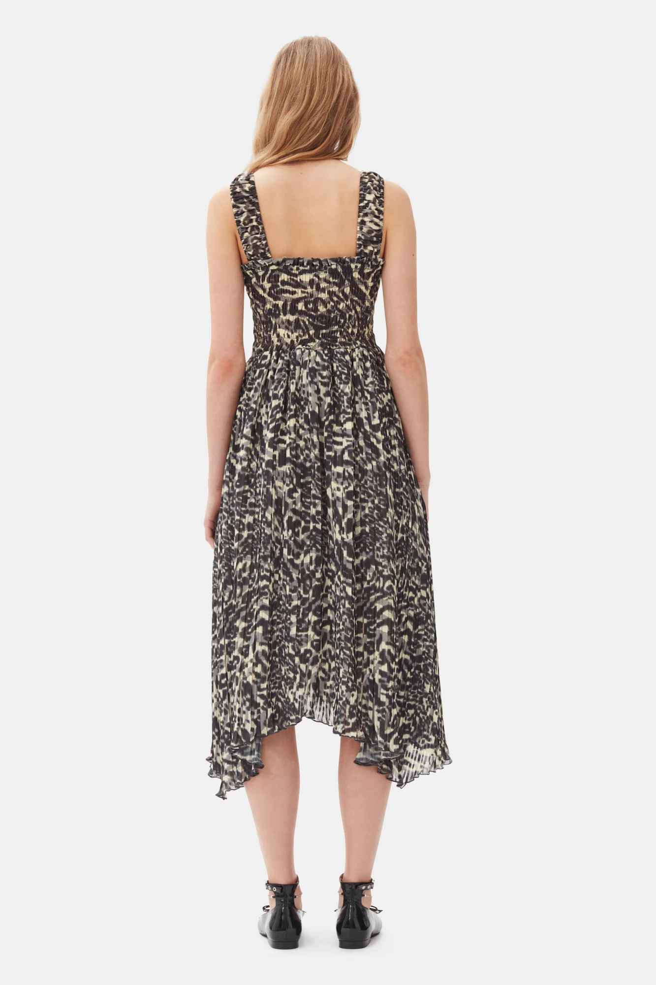 Printed Pleated Georgette Smock Midi Dress | Lemon Icing - Image 6