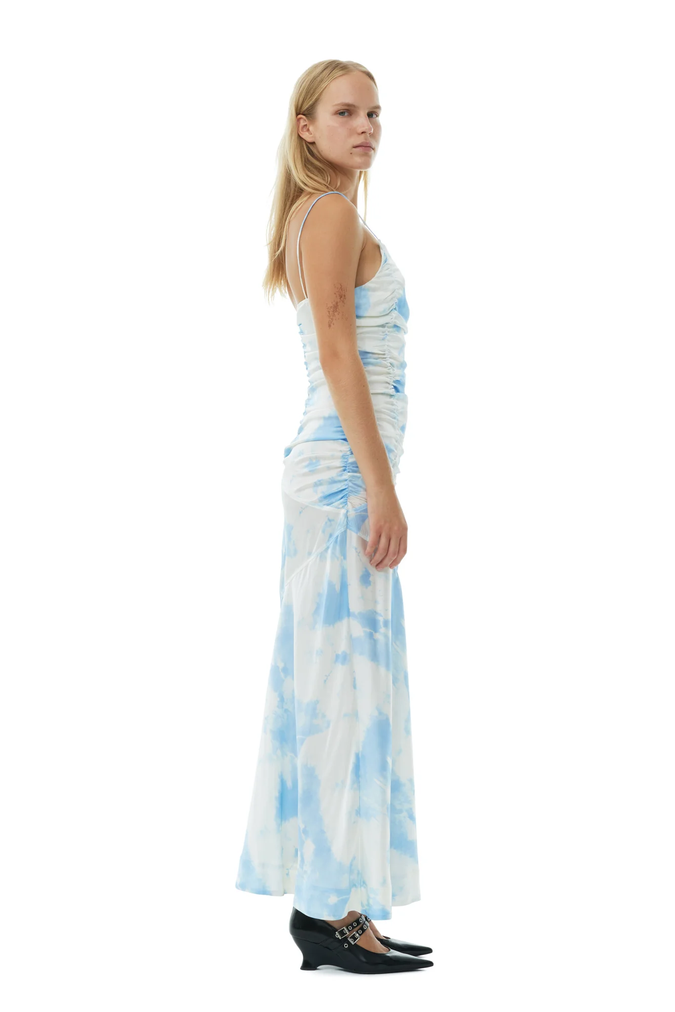 Printed Satin Ruched Long Slip Dress | Powder Blue - Image 5