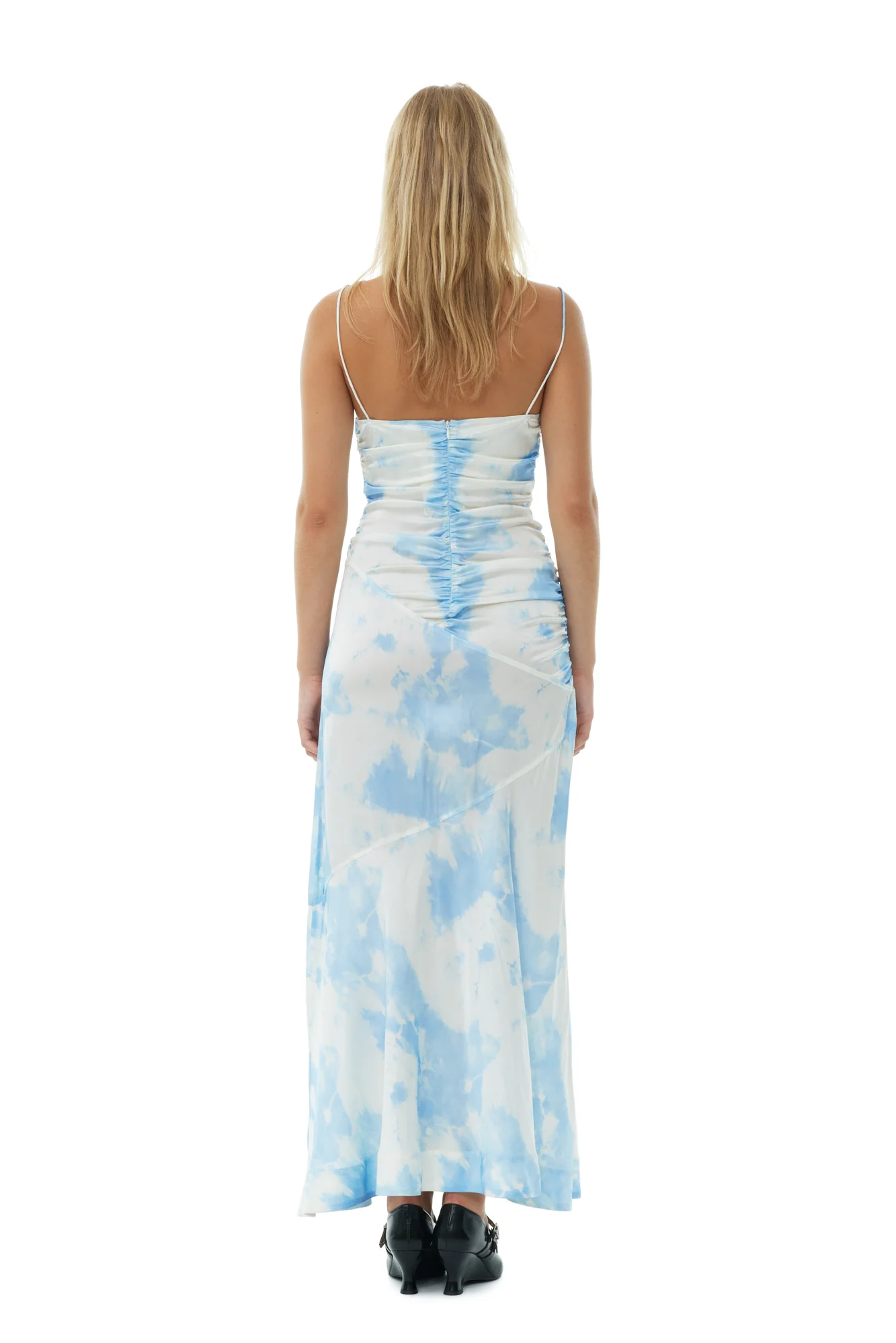 Printed Satin Ruched Long Slip Dress | Powder Blue - Image 6