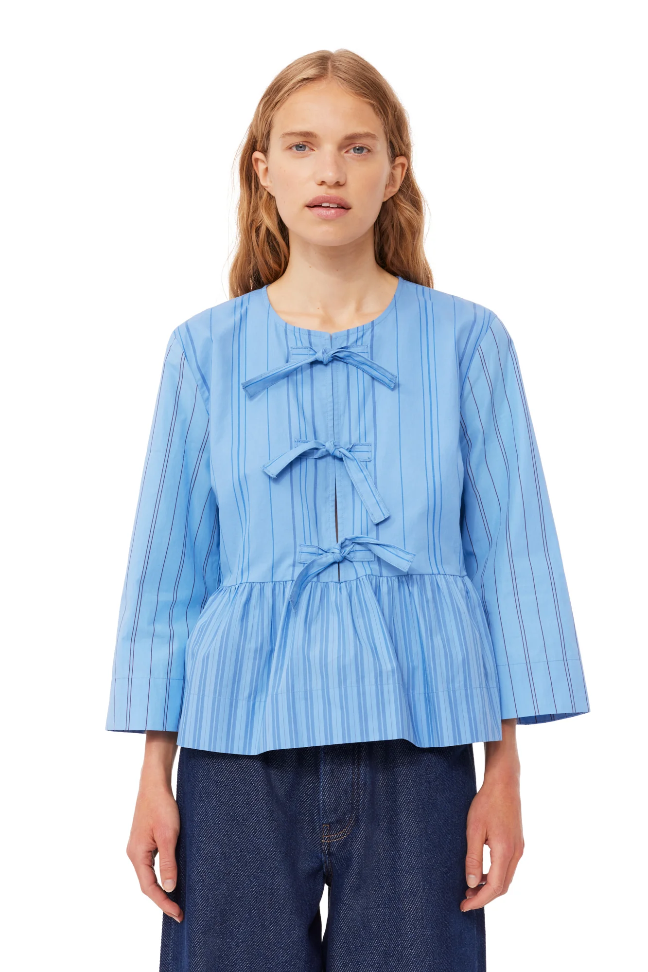 Re-cut Striped Cotton Peplum Blouse | Silver Lake Blue - Image 3