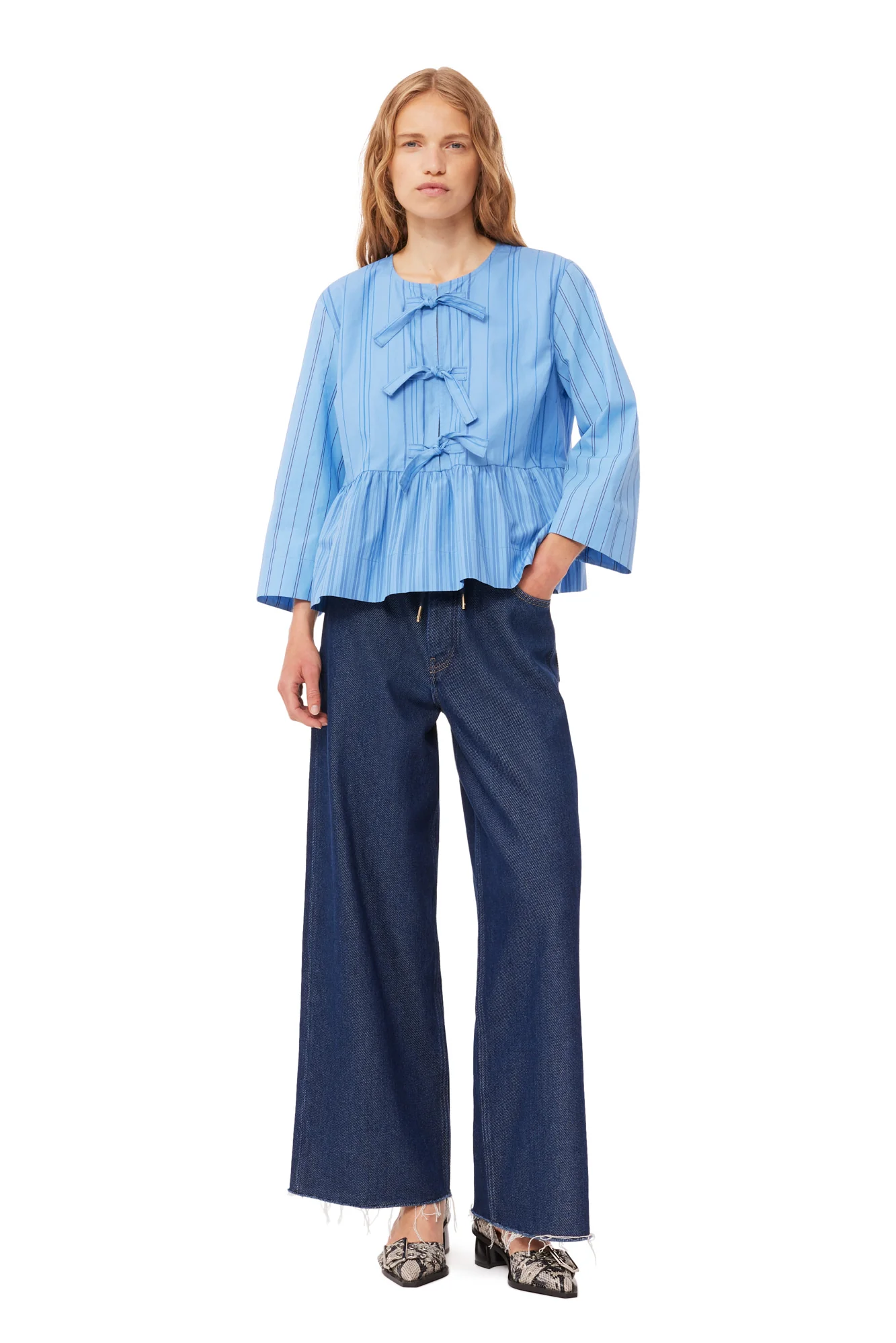 Re-cut Striped Cotton Peplum Blouse | Silver Lake Blue - Image 4