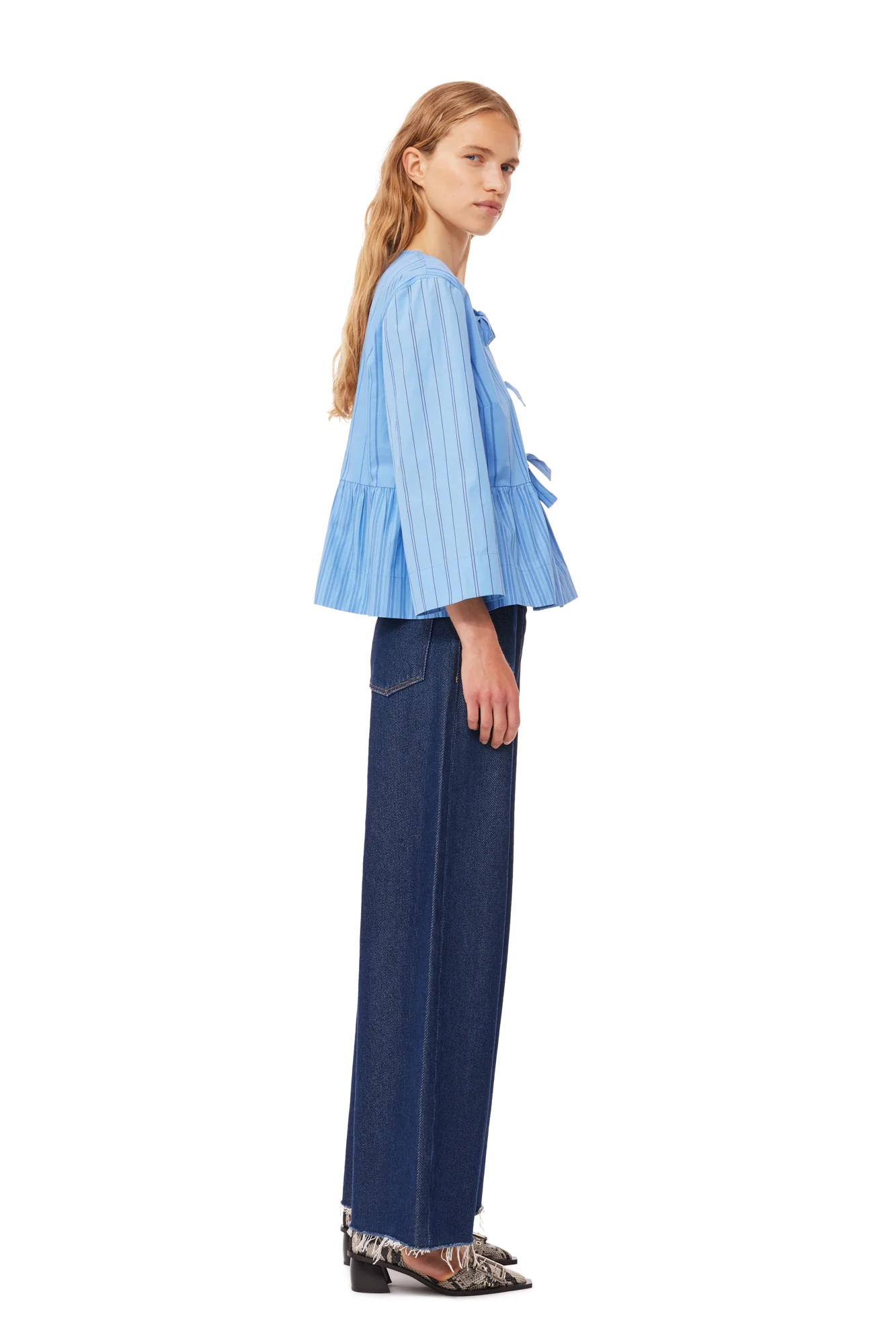 Re-cut Striped Cotton Peplum Blouse | Silver Lake Blue - Image 6
