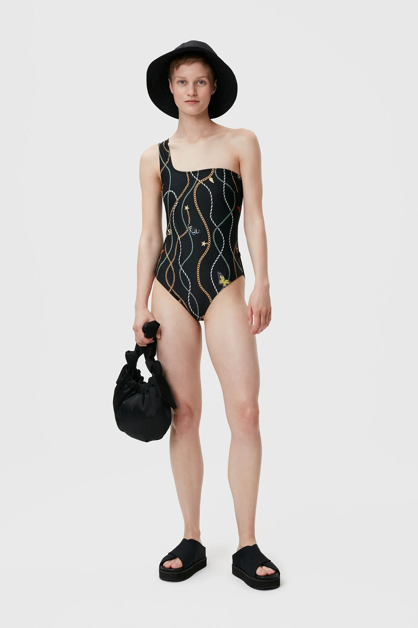 Recycled Printed One Shoulder Swimsuit | Black - Image 3