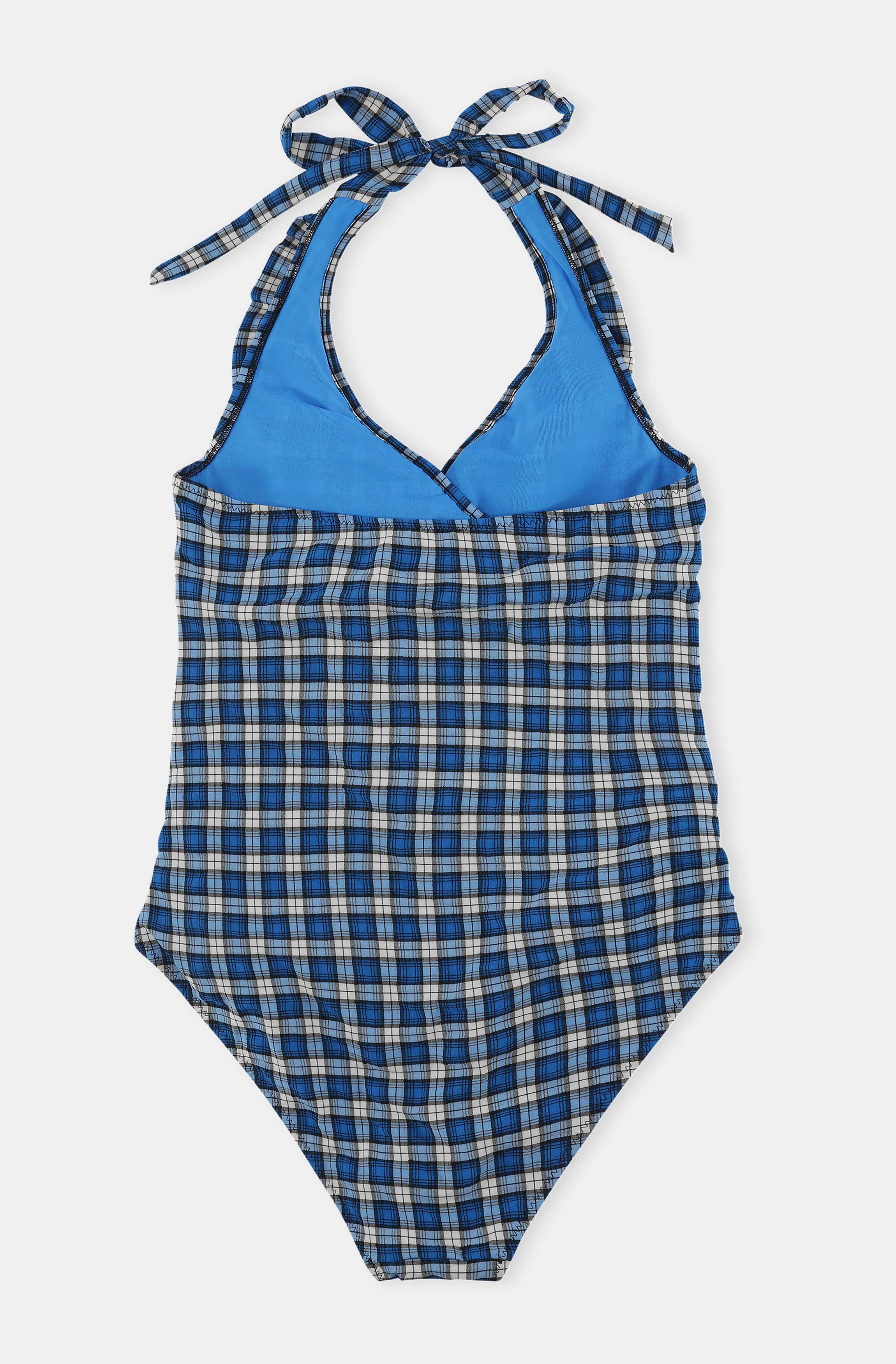 Recycled Seersucker Recycled Seersucker Frill Halterneck Swimsuit | Check Azure Blue - Image 2