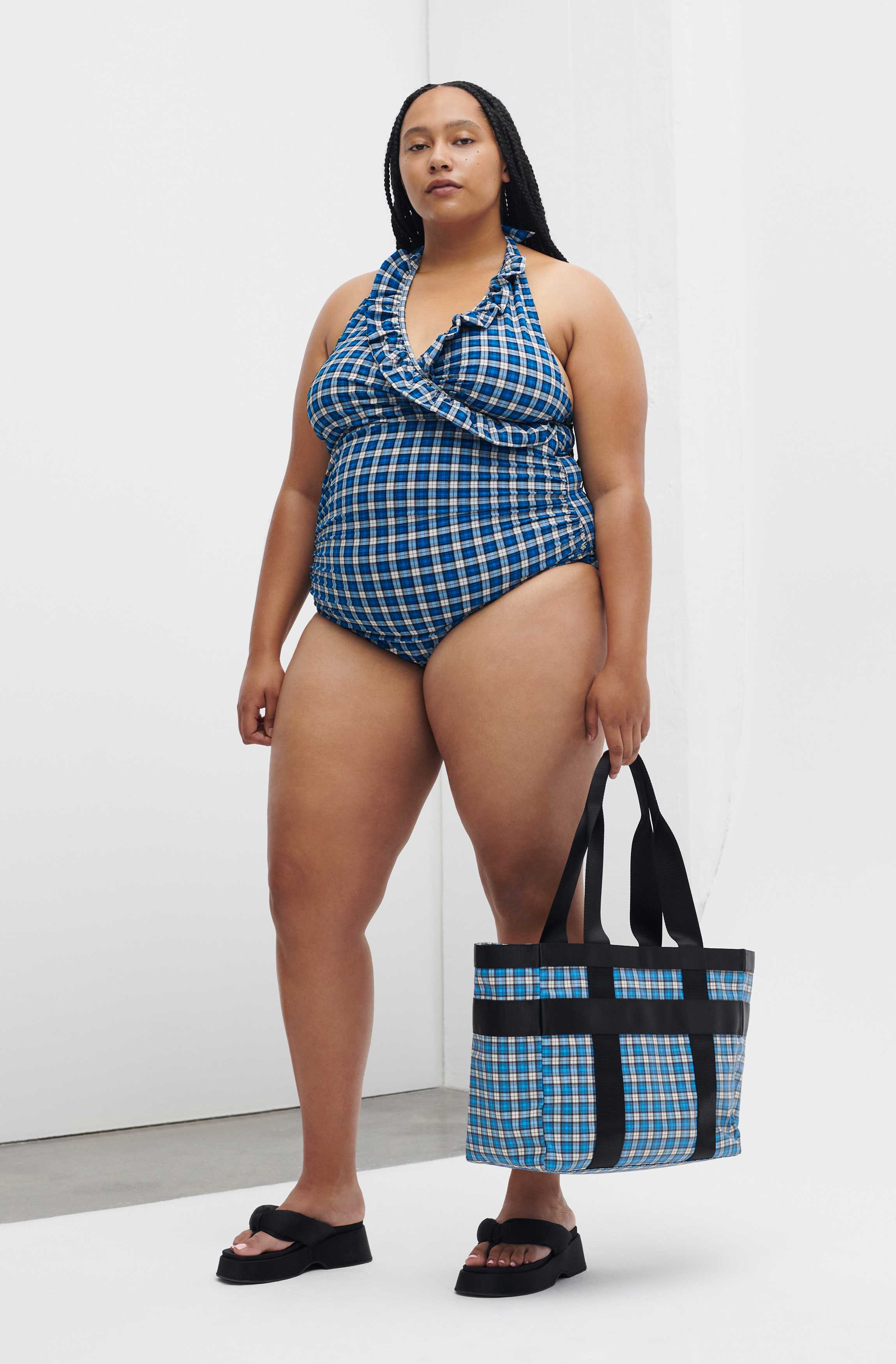 Recycled Seersucker Recycled Seersucker Frill Halterneck Swimsuit | Check Azure Blue - Image 3