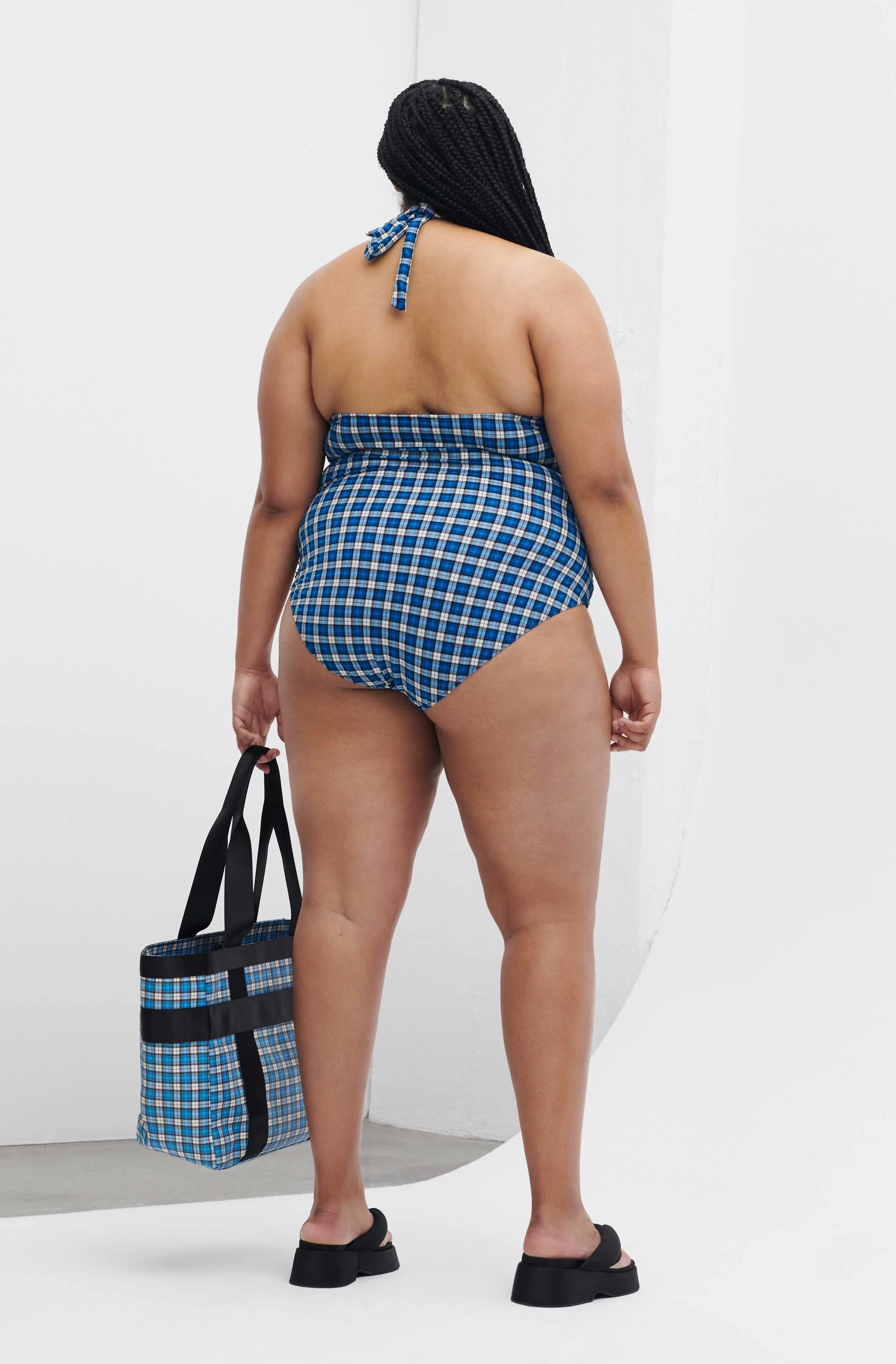 Recycled Seersucker Recycled Seersucker Frill Halterneck Swimsuit | Check Azure Blue - Image 4