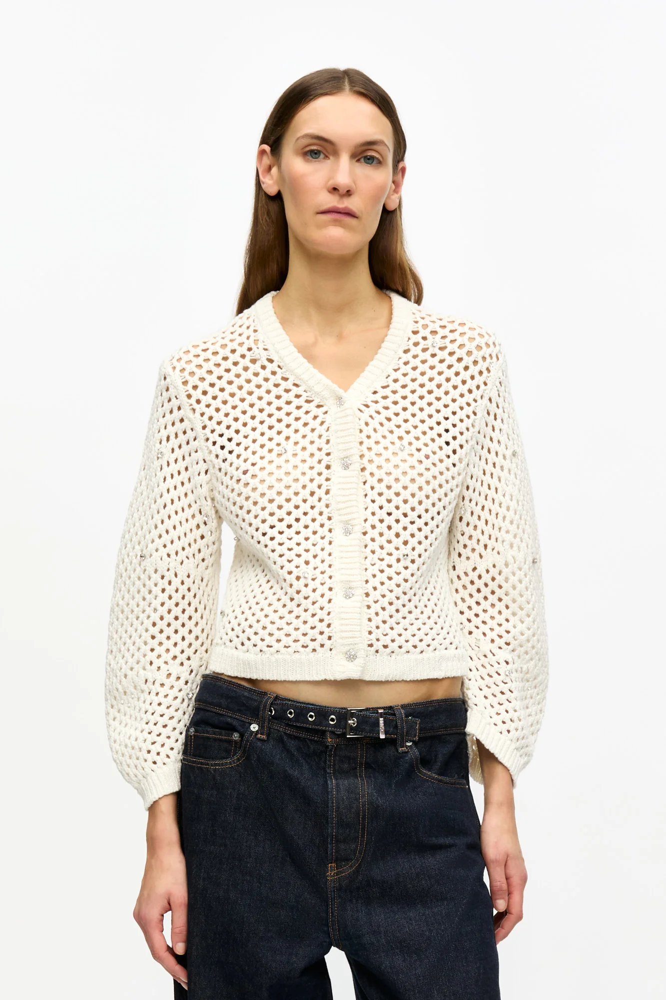 Rhinestone Cotton Pointelle Cardigan | Egret - Image 3