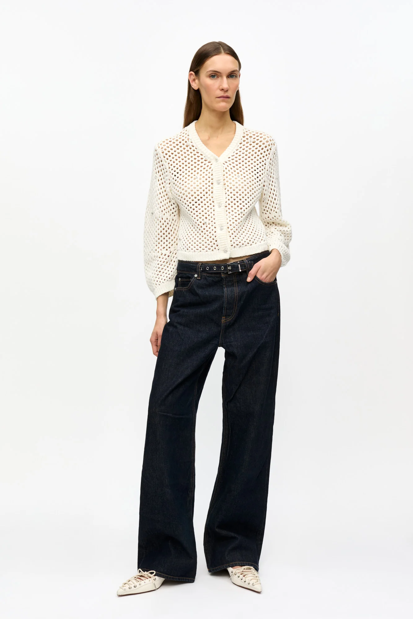 Rhinestone Cotton Pointelle Cardigan | Egret - Image 4